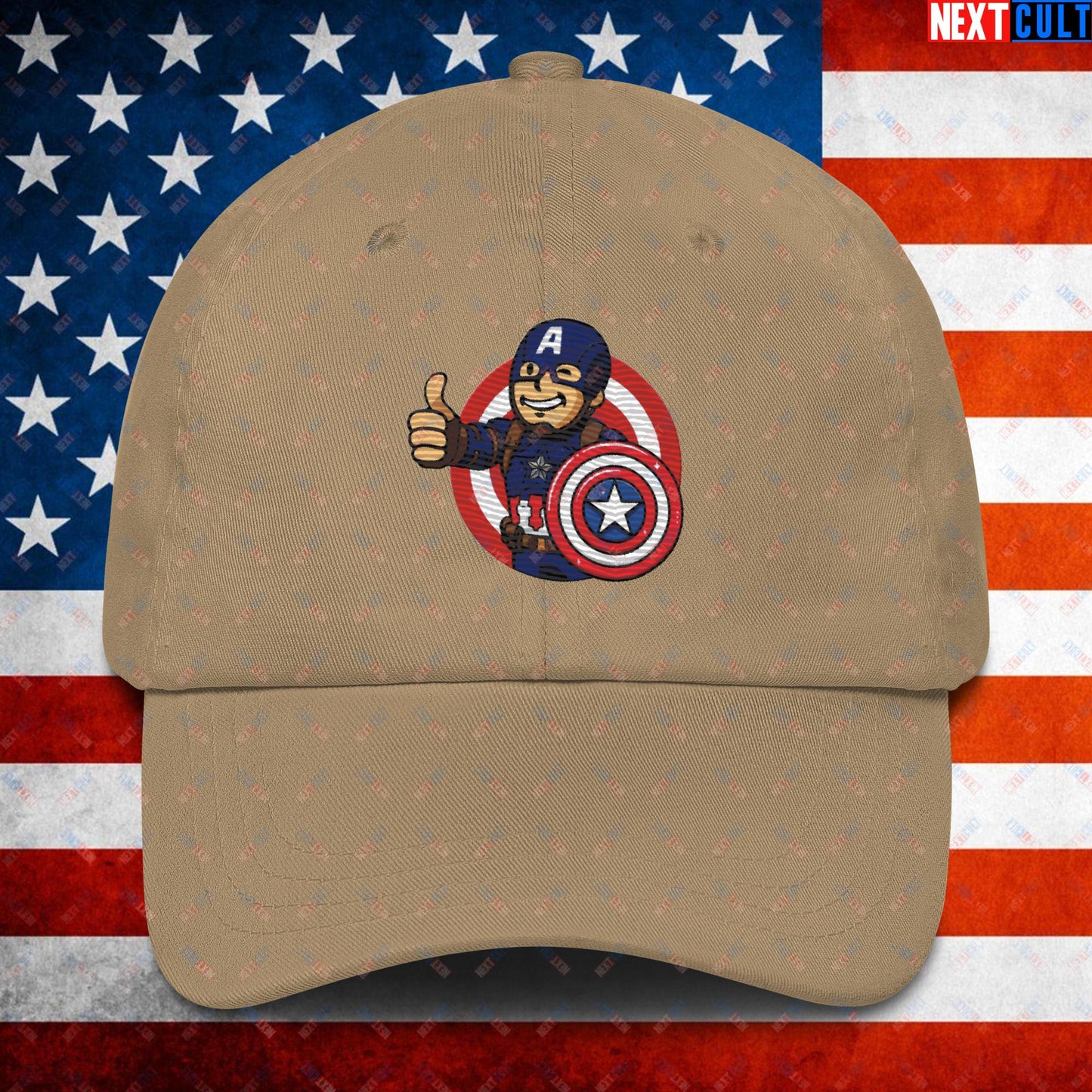 America Boy Captain America Vault Boy Fallout Funny Cartoon Mashup Dad hat Next Cult Brand