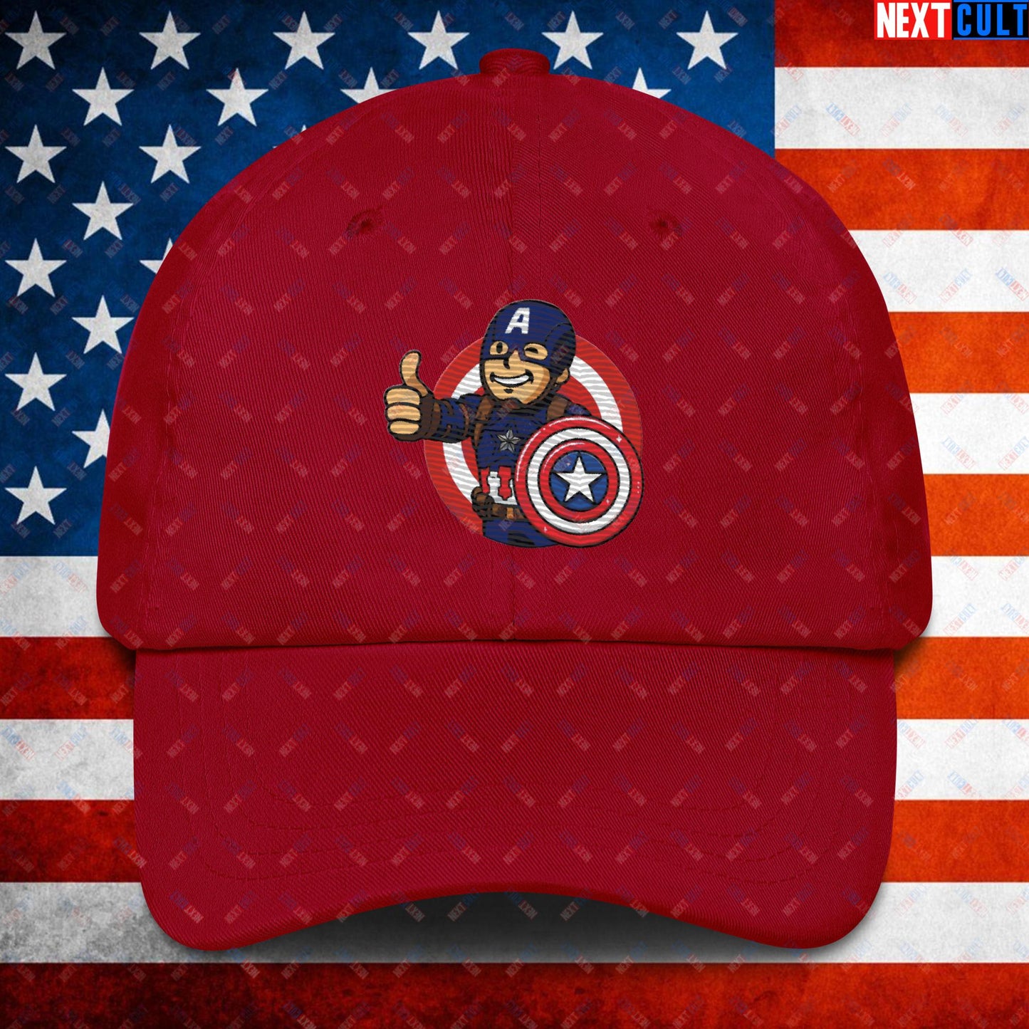 America Boy Captain America Vault Boy Fallout Funny Cartoon Mashup Dad hat Cranberry Hats Captain America Chris Evans Movies Superheroes Next Cult Brand