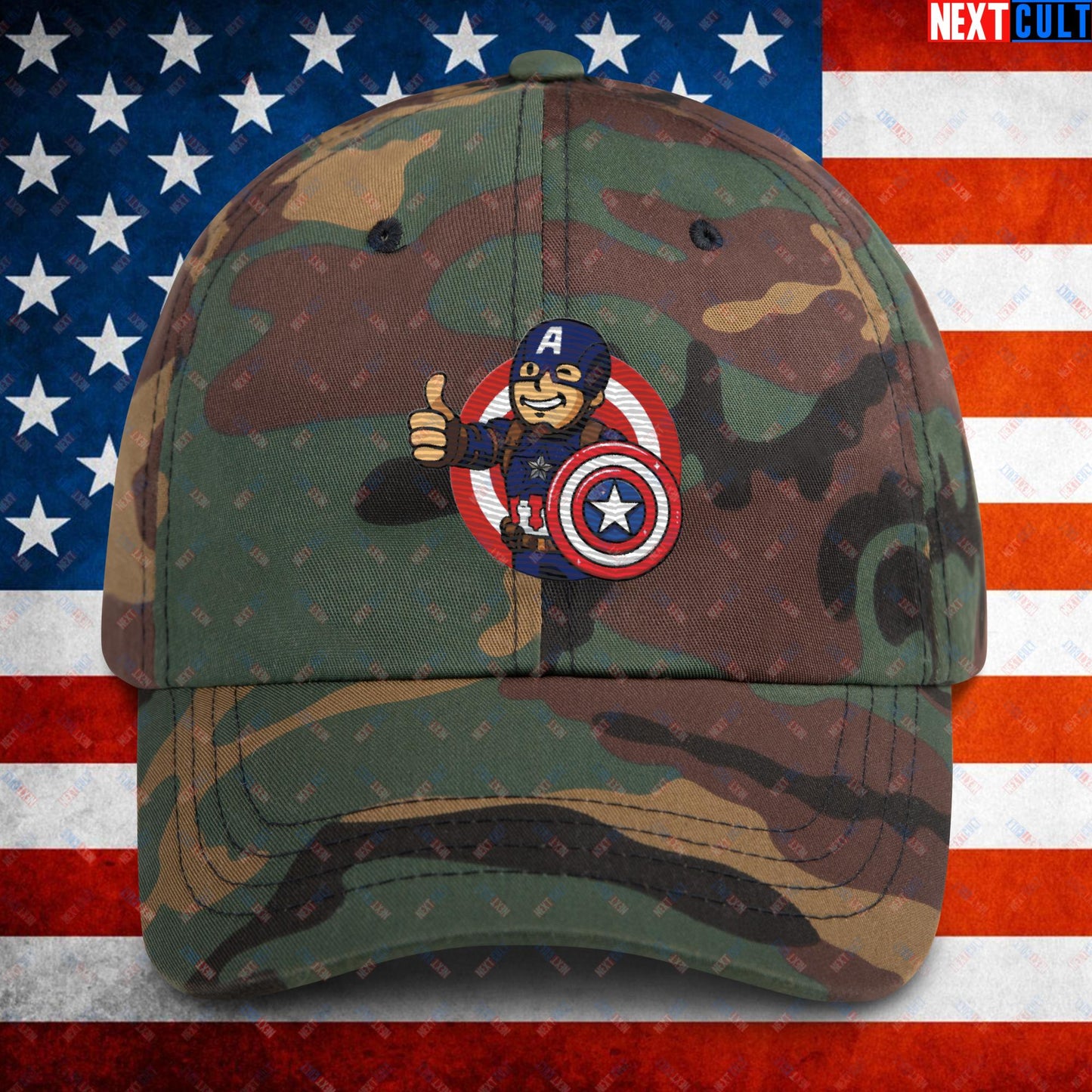 America Boy Captain America Vault Boy Fallout Funny Cartoon Mashup Dad hat Green Camo Hats Captain America Chris Evans Movies Superheroes Next Cult Brand