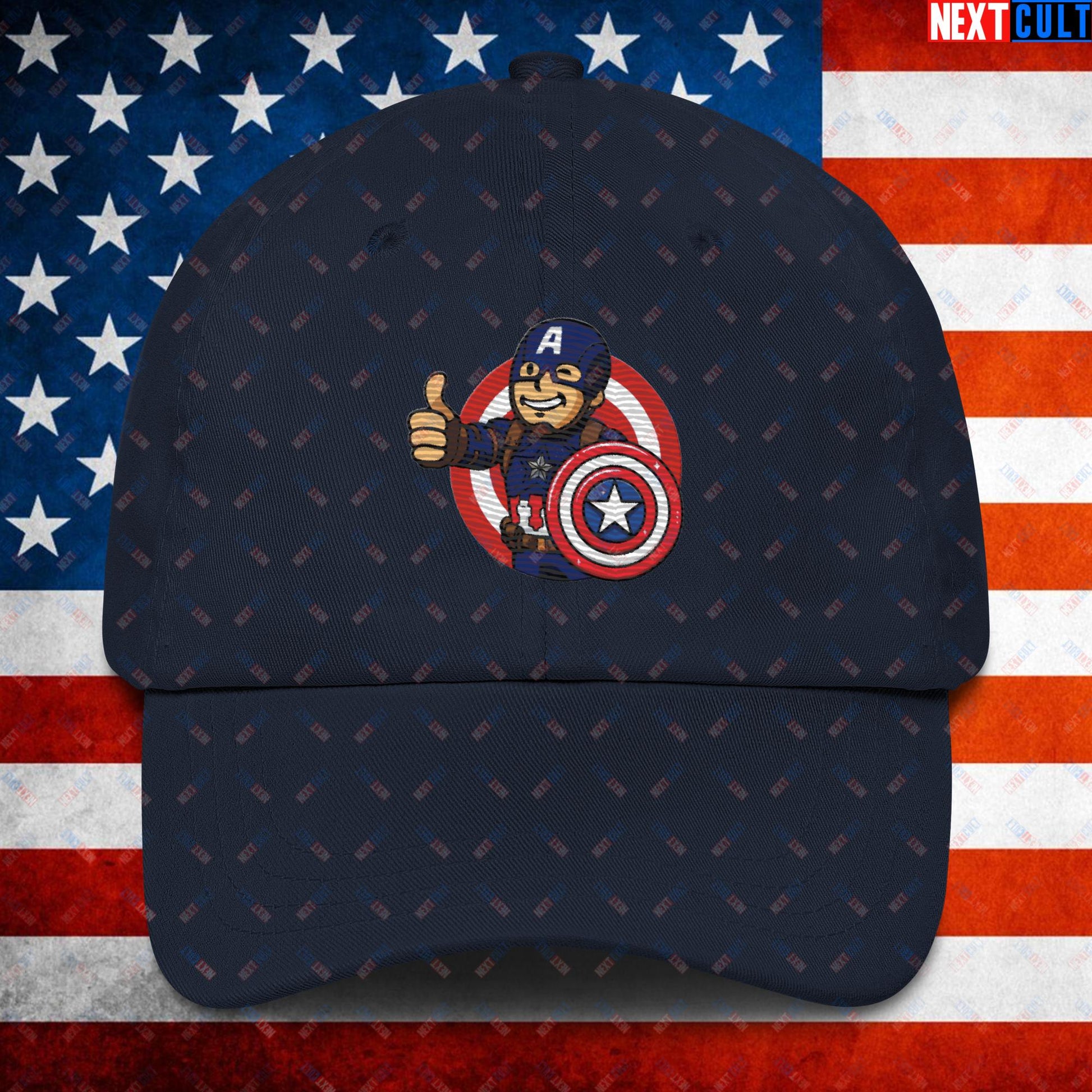 America Boy Captain America Vault Boy Fallout Funny Cartoon Mashup Dad hat Navy Hats Captain America Chris Evans Movies Superheroes Next Cult Brand