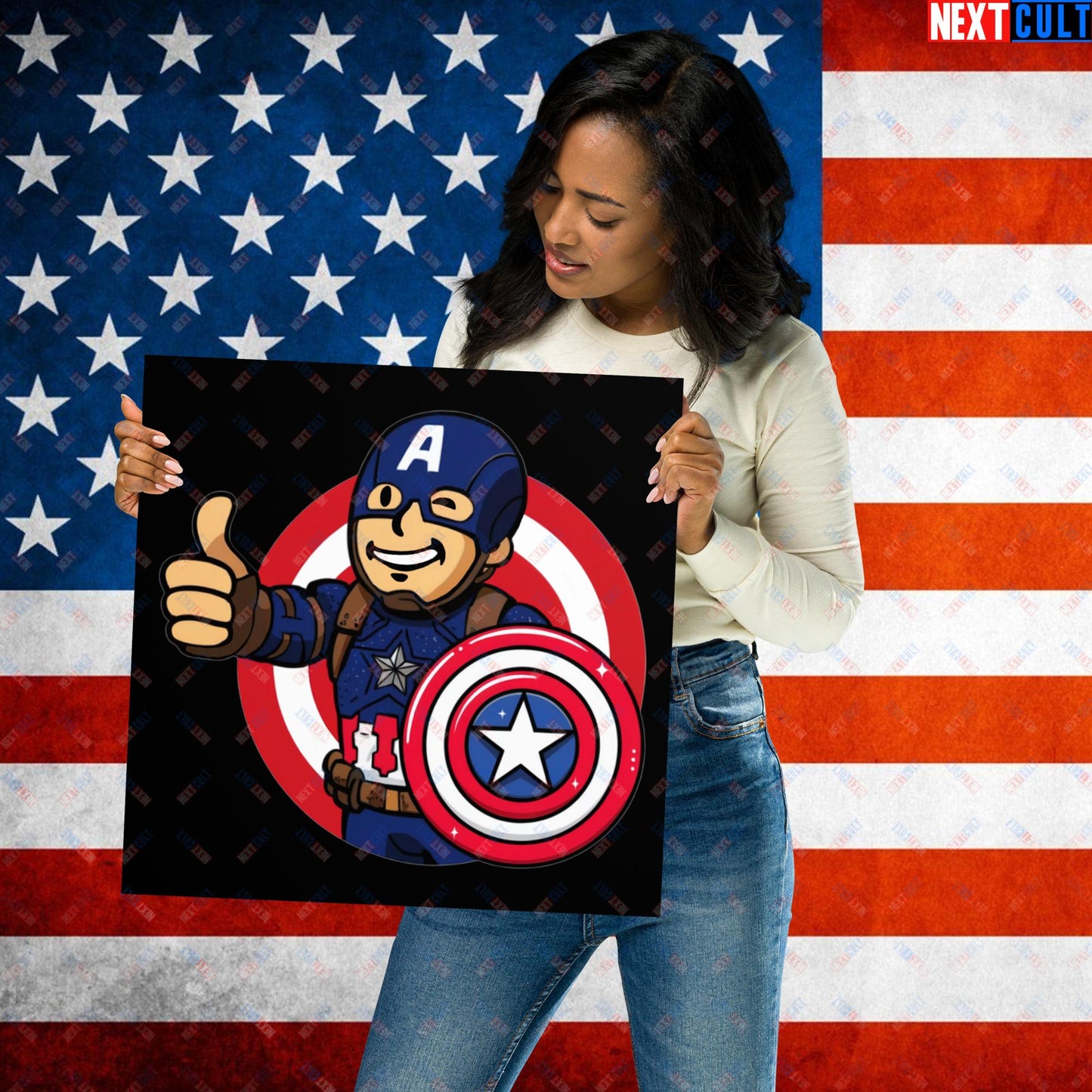 America Boy Captain America Vault Boy Fallout Funny Cartoon Mashup Poster 16″×16″ Posters Captain America Chris Evans Movies Superheroes Next Cult Brand