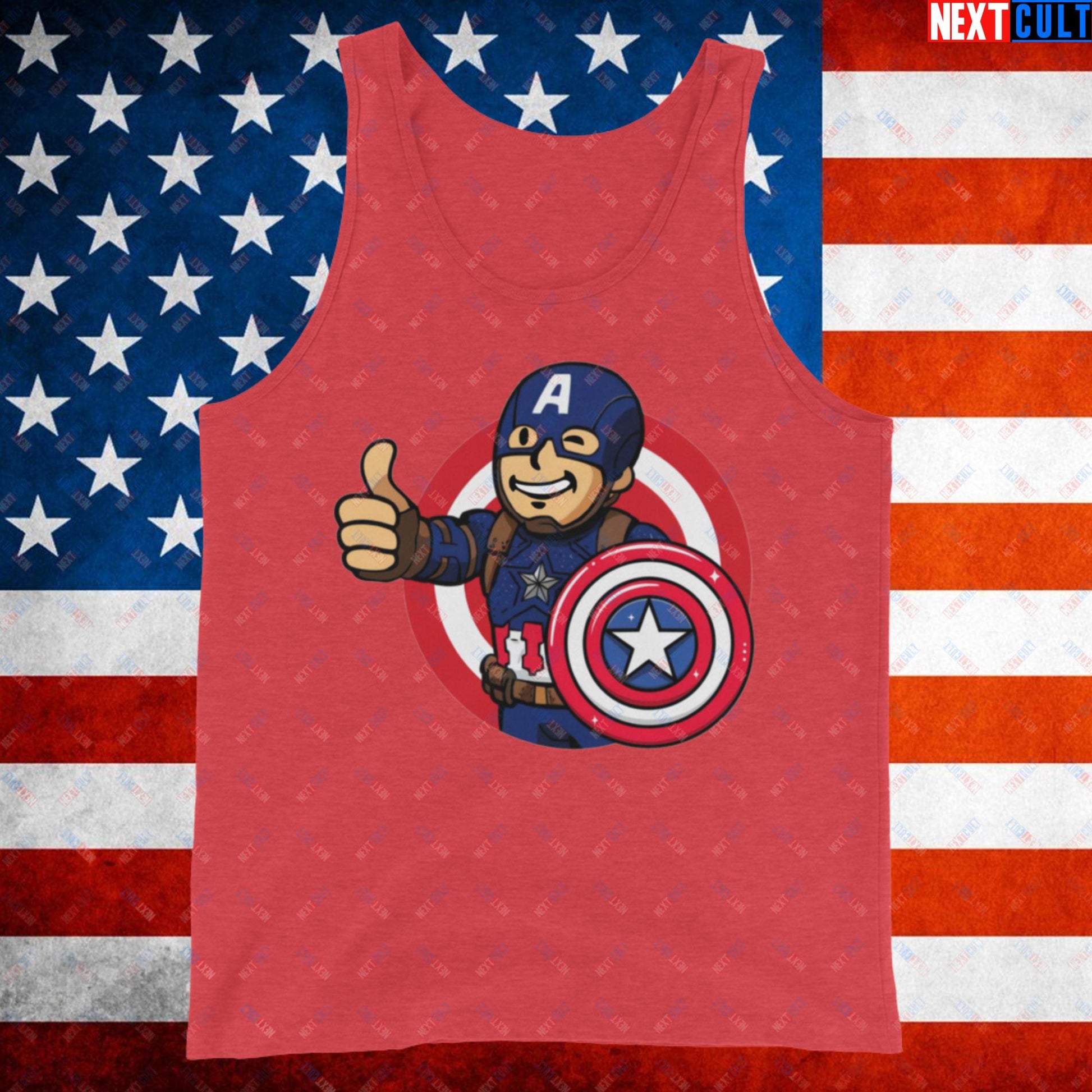 America Boy Captain America Vault Boy Fallout Funny Cartoon Mashup Tank Top Red Triblend Tank Tops Captain America Chris Evans Movies Superheroes Next Cult Brand