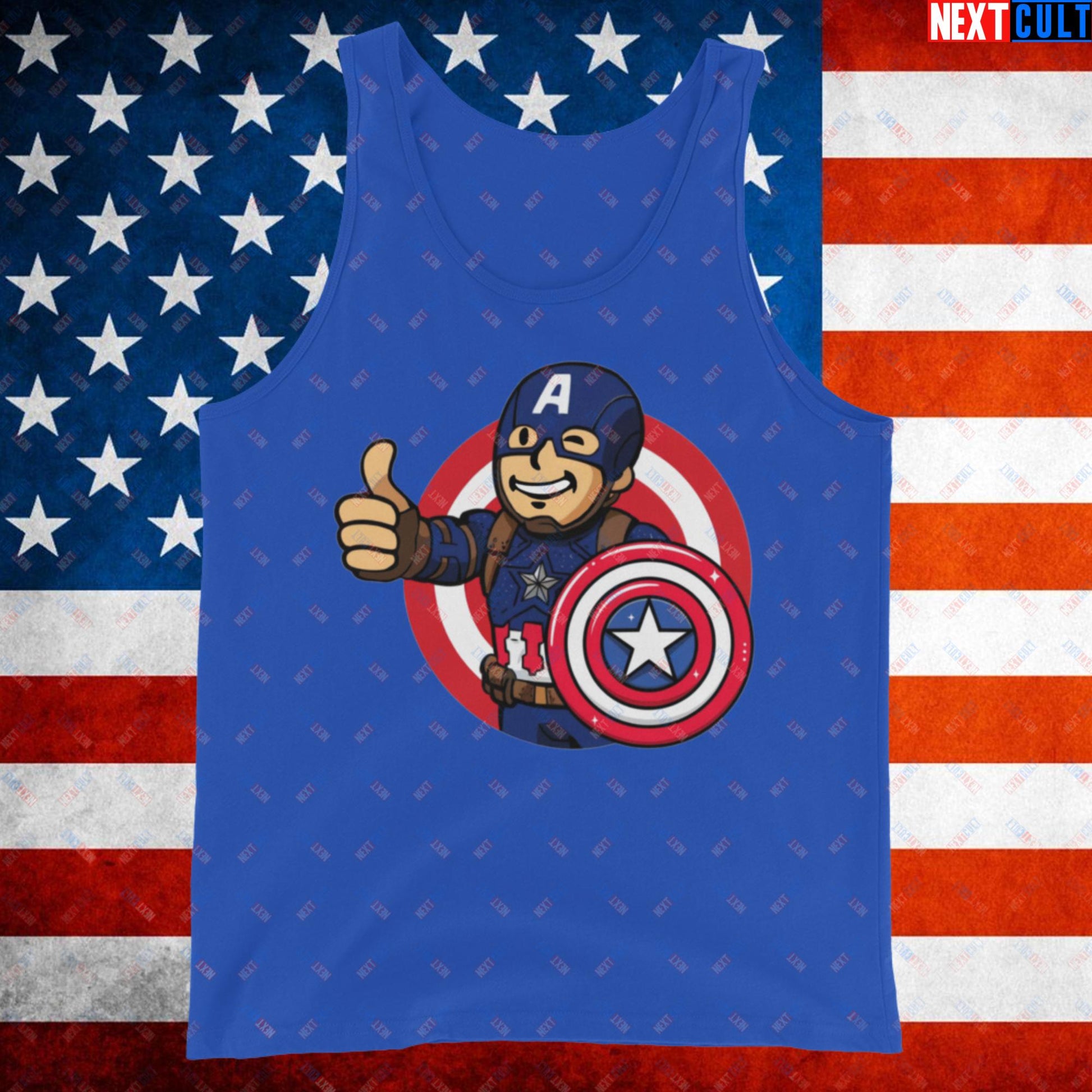 America Boy Captain America Vault Boy Fallout Funny Cartoon Mashup Tank Top True Royal Tank Tops Captain America Chris Evans Movies Superheroes Next Cult Brand