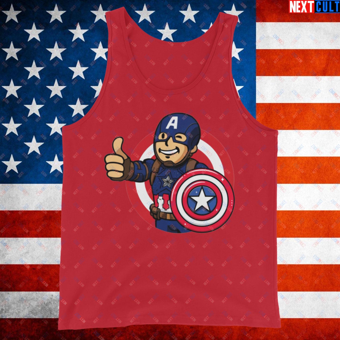 America Boy Captain America Vault Boy Fallout Funny Cartoon Mashup Tank Top Red Tank Tops Captain America Chris Evans Movies Superheroes Next Cult Brand