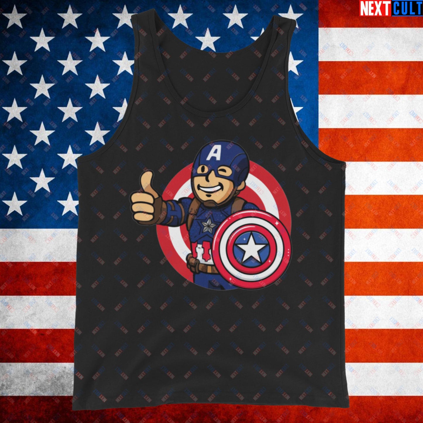 America Boy Captain America Vault Boy Fallout Funny Cartoon Mashup Tank Top Black Tank Tops Captain America Chris Evans Movies Superheroes Next Cult Brand