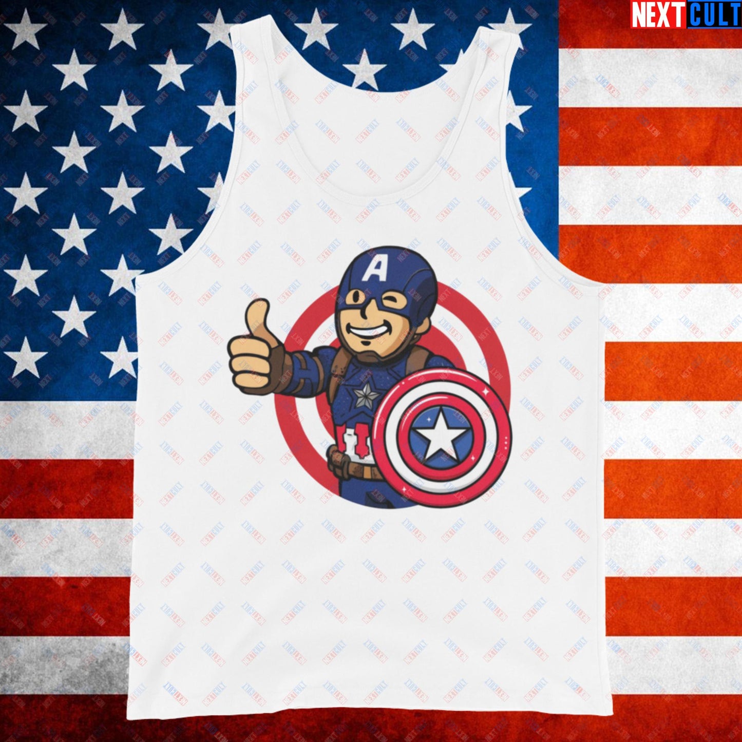 America Boy Captain America Vault Boy Fallout Funny Cartoon Mashup Tank Top Next Cult Brand