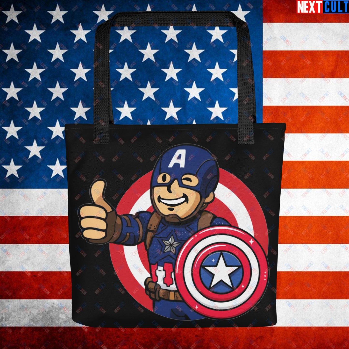 America Boy Captain America Vault Boy Fallout Funny Cartoon Mashup Tote bag Default Title Bags Captain America Chris Evans Movies Superheroes Next Cult Brand