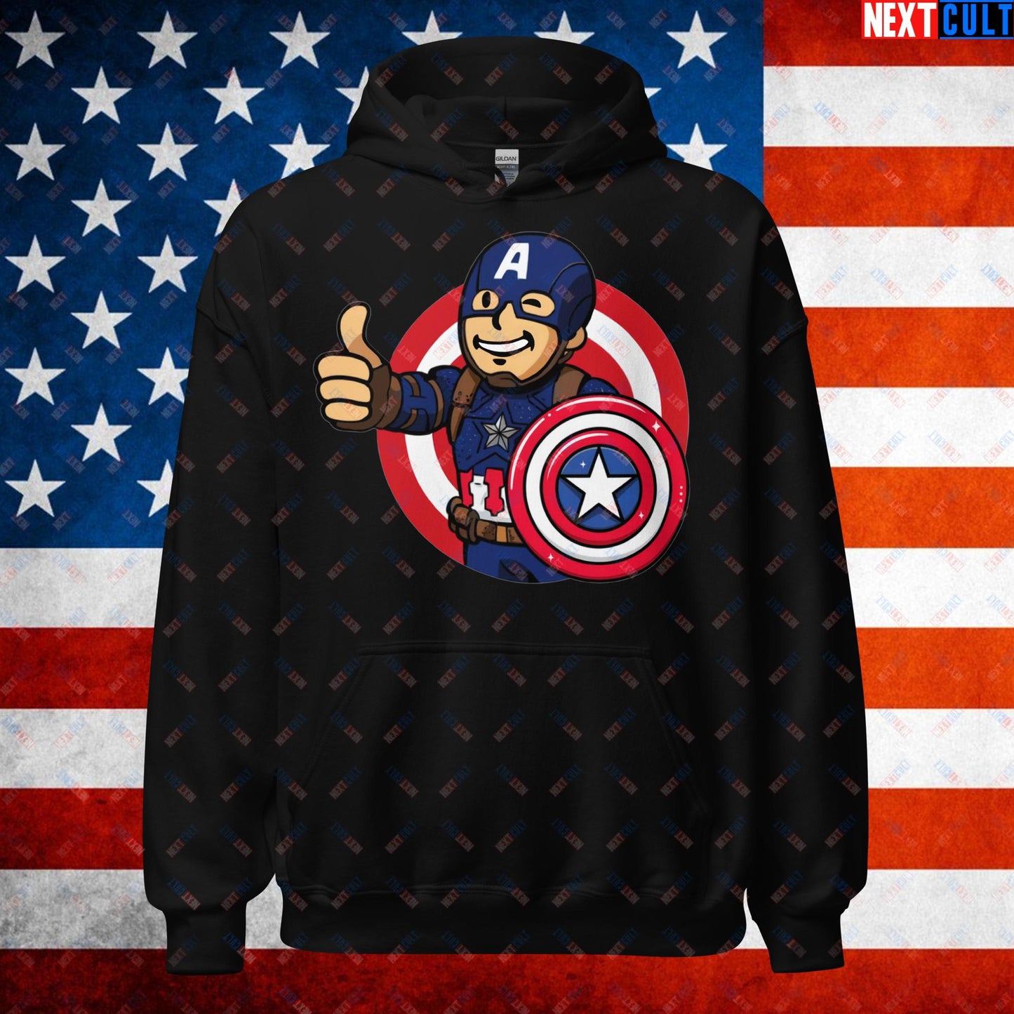 America Boy Captain America Vault Boy Fallout Funny Cartoon Mashup Unisex Hoodie Black Hoodies Captain America Chris Evans Movies Superheroes Next Cult Brand