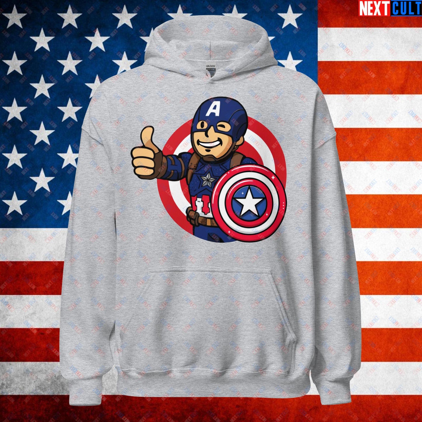 America Boy Captain America Vault Boy Fallout Funny Cartoon Mashup Unisex Hoodie Sport Grey Hoodies Captain America Chris Evans Movies Superheroes Next Cult Brand