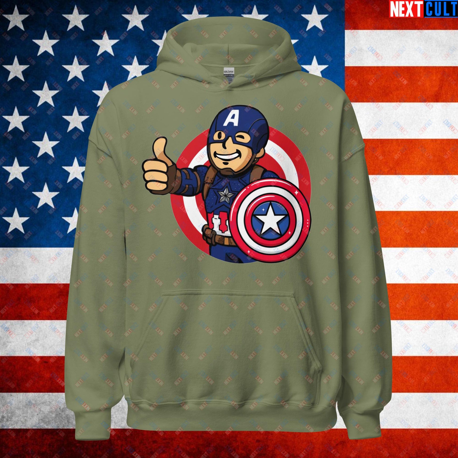 America Boy Captain America Vault Boy Fallout Funny Cartoon Mashup Unisex Hoodie Military Green Hoodies Captain America Chris Evans Movies Superheroes Next Cult Brand