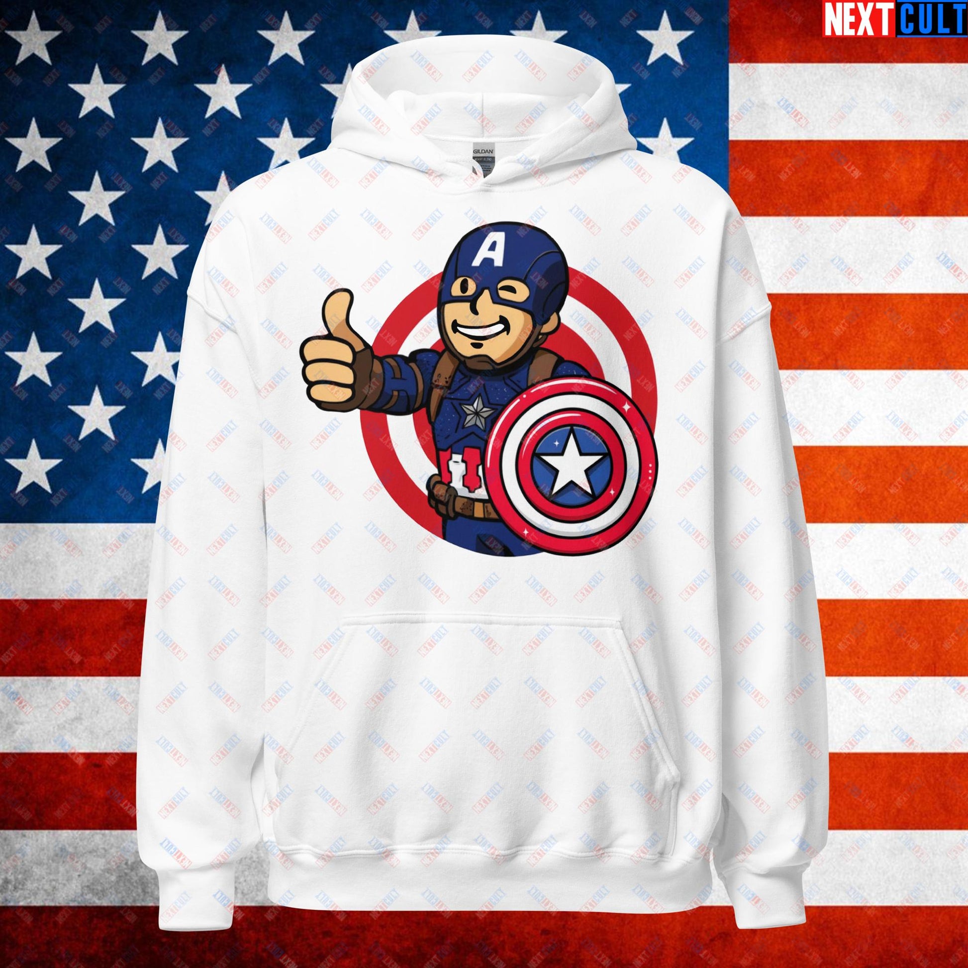 America Boy Captain America Vault Boy Fallout Funny Cartoon Mashup Unisex Hoodie White Hoodies Captain America Chris Evans Movies Superheroes Next Cult Brand