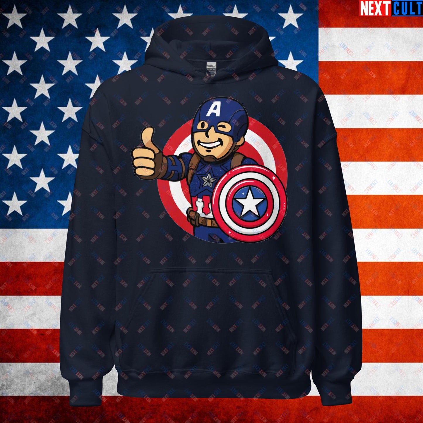 America Boy Captain America Vault Boy Fallout Funny Cartoon Mashup Unisex Hoodie Navy Hoodies Captain America Chris Evans Movies Superheroes Next Cult Brand