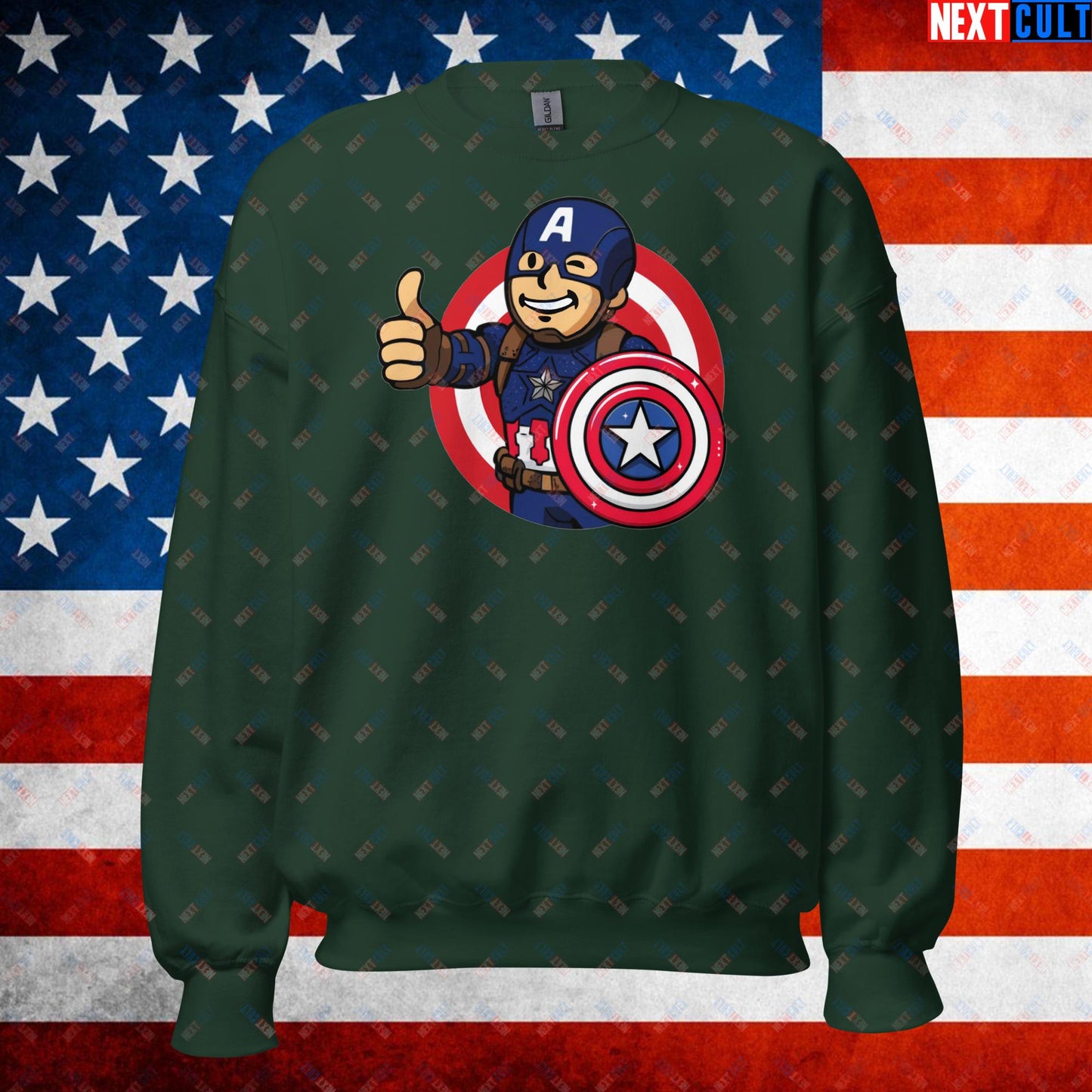 America Boy Captain America Vault Boy Fallout Funny Cartoon Mashup Unisex Sweatshirt Next Cult Brand