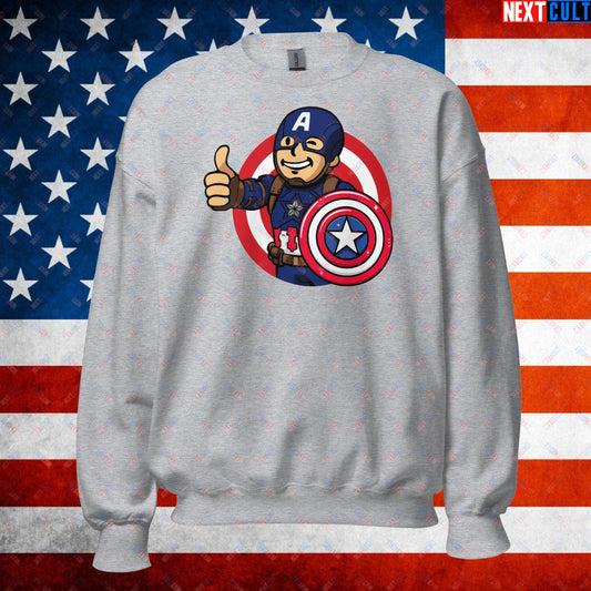 America Boy Captain America Vault Boy Fallout Funny Cartoon Mashup Unisex Sweatshirt Sport Grey Sweatshirts Captain America Chris Evans Movies Superheroes Next Cult Brand