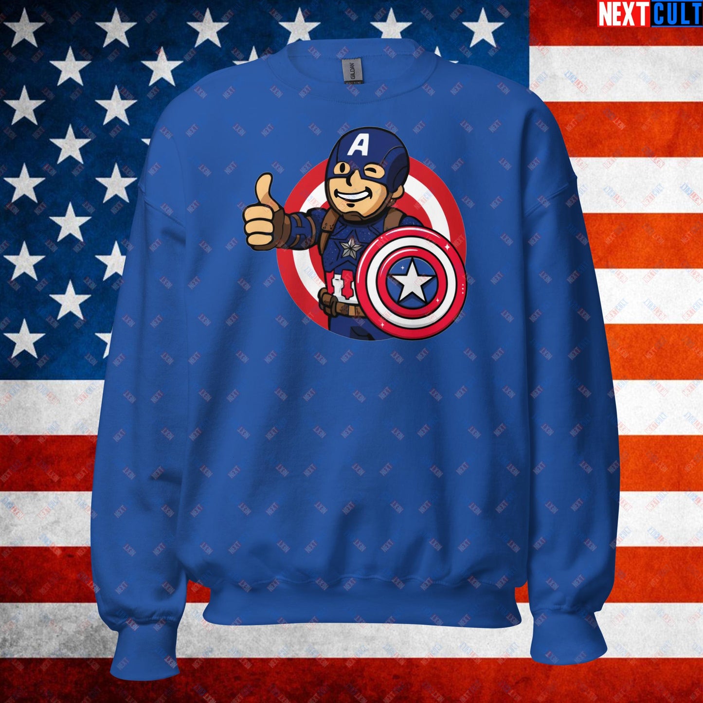 America Boy Captain America Vault Boy Fallout Funny Cartoon Mashup Unisex Sweatshirt Royal Sweatshirts Captain America Chris Evans Movies Superheroes Next Cult Brand