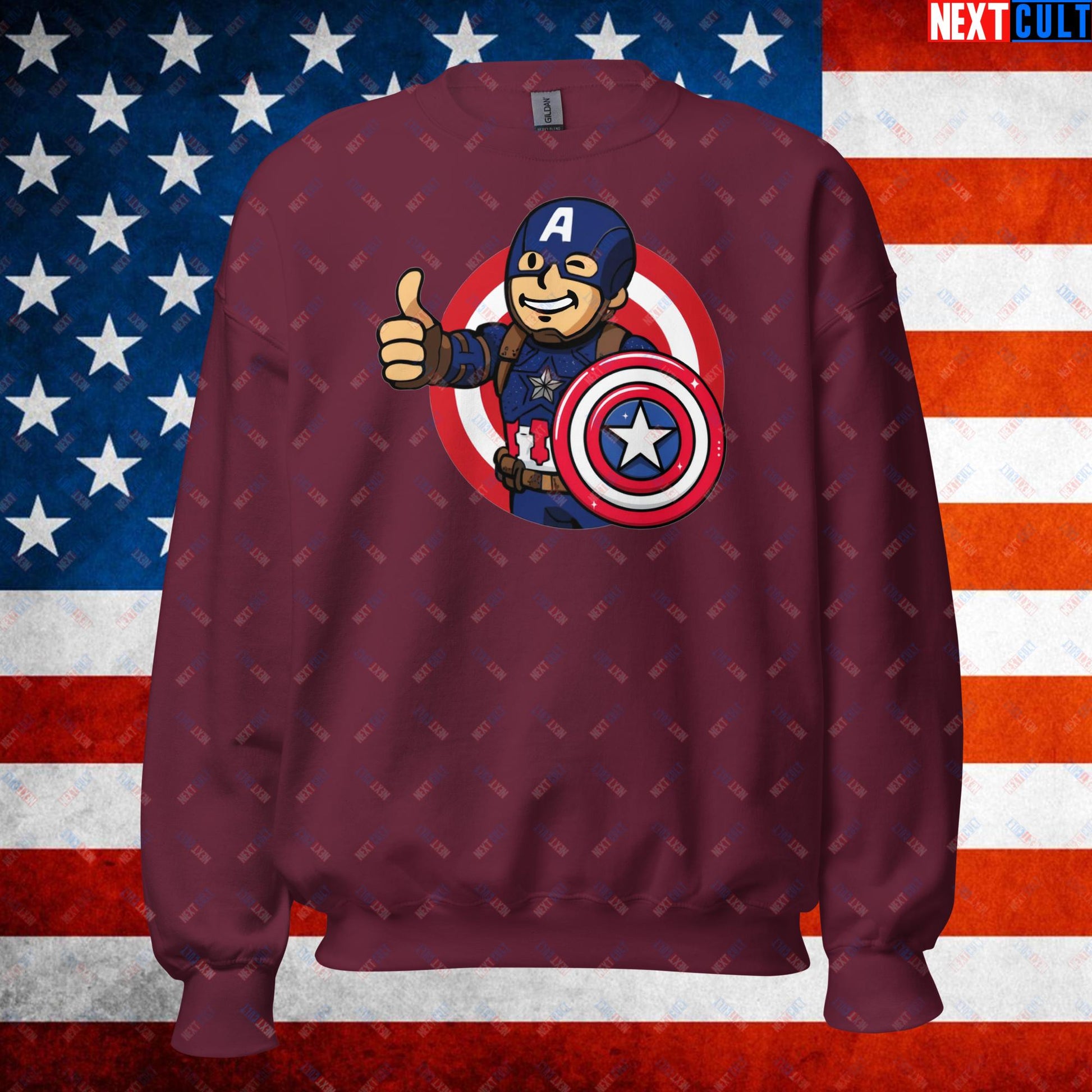 America Boy Captain America Vault Boy Fallout Funny Cartoon Mashup Unisex Sweatshirt Next Cult Brand