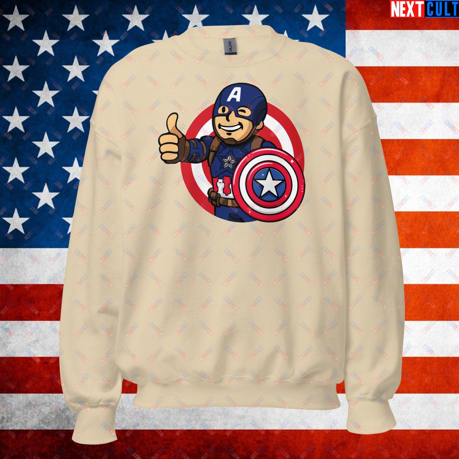 America Boy Captain America Vault Boy Fallout Funny Cartoon Mashup Unisex Sweatshirt Sand Sweatshirts Captain America Chris Evans Movies Superheroes Next Cult Brand