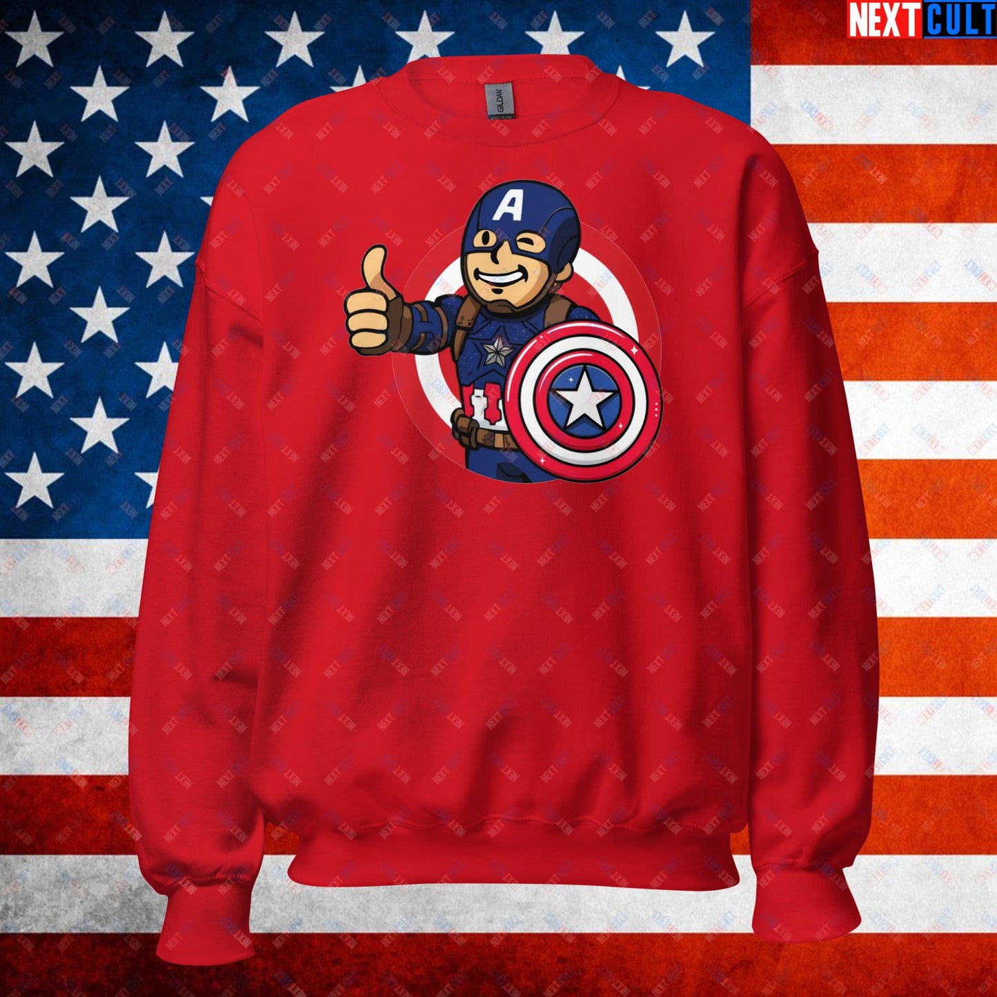 America Boy Captain America Vault Boy Fallout Funny Cartoon Mashup Unisex Sweatshirt Red Sweatshirts Captain America Chris Evans Movies Superheroes Next Cult Brand