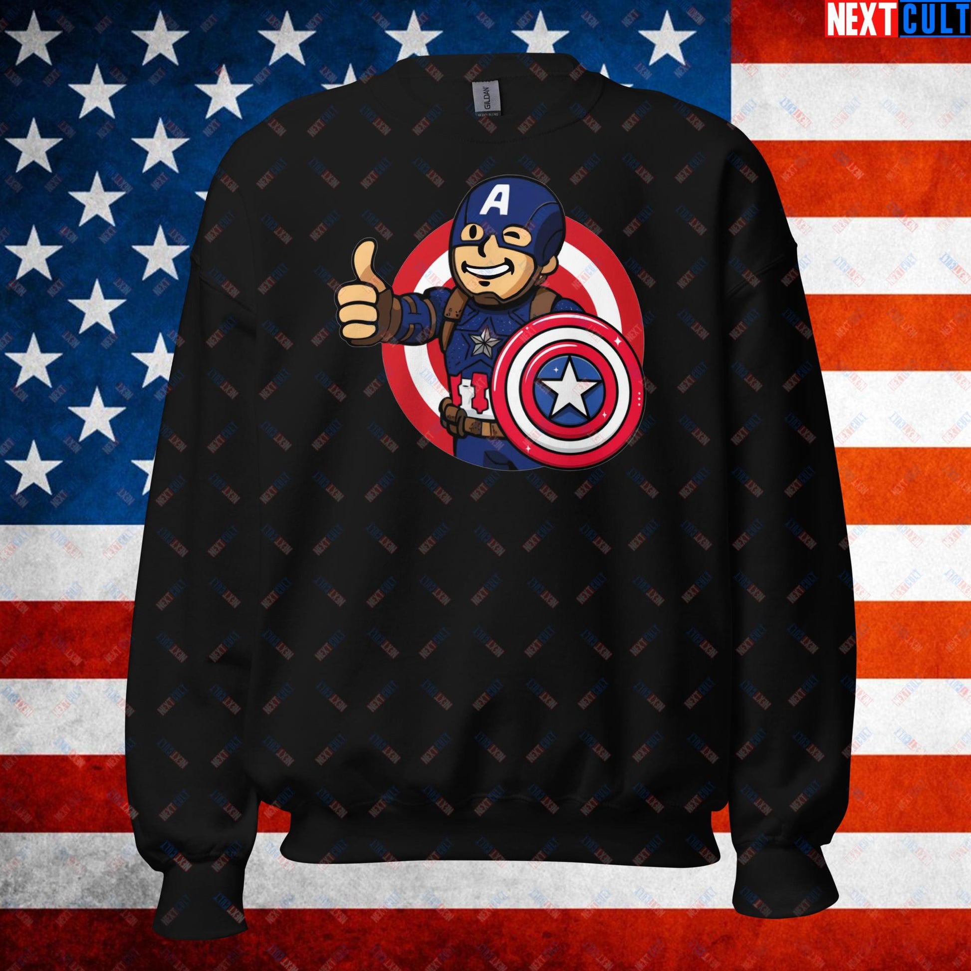 America Boy Captain America Vault Boy Fallout Funny Cartoon Mashup Unisex Sweatshirt Black Sweatshirts Captain America Chris Evans Movies Superheroes Next Cult Brand