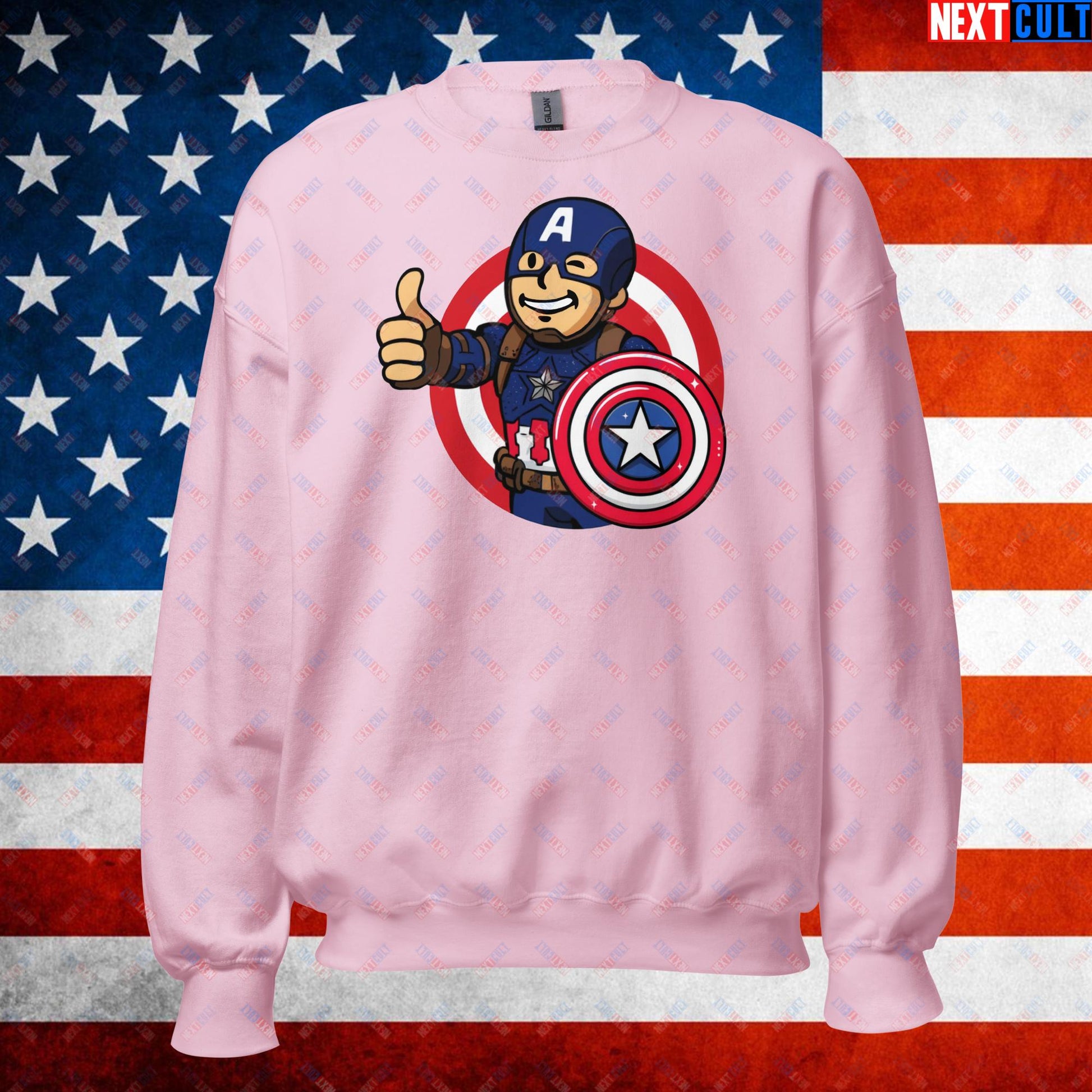 America Boy Captain America Vault Boy Fallout Funny Cartoon Mashup Unisex Sweatshirt Light Pink Sweatshirts Captain America Chris Evans Movies Superheroes Next Cult Brand