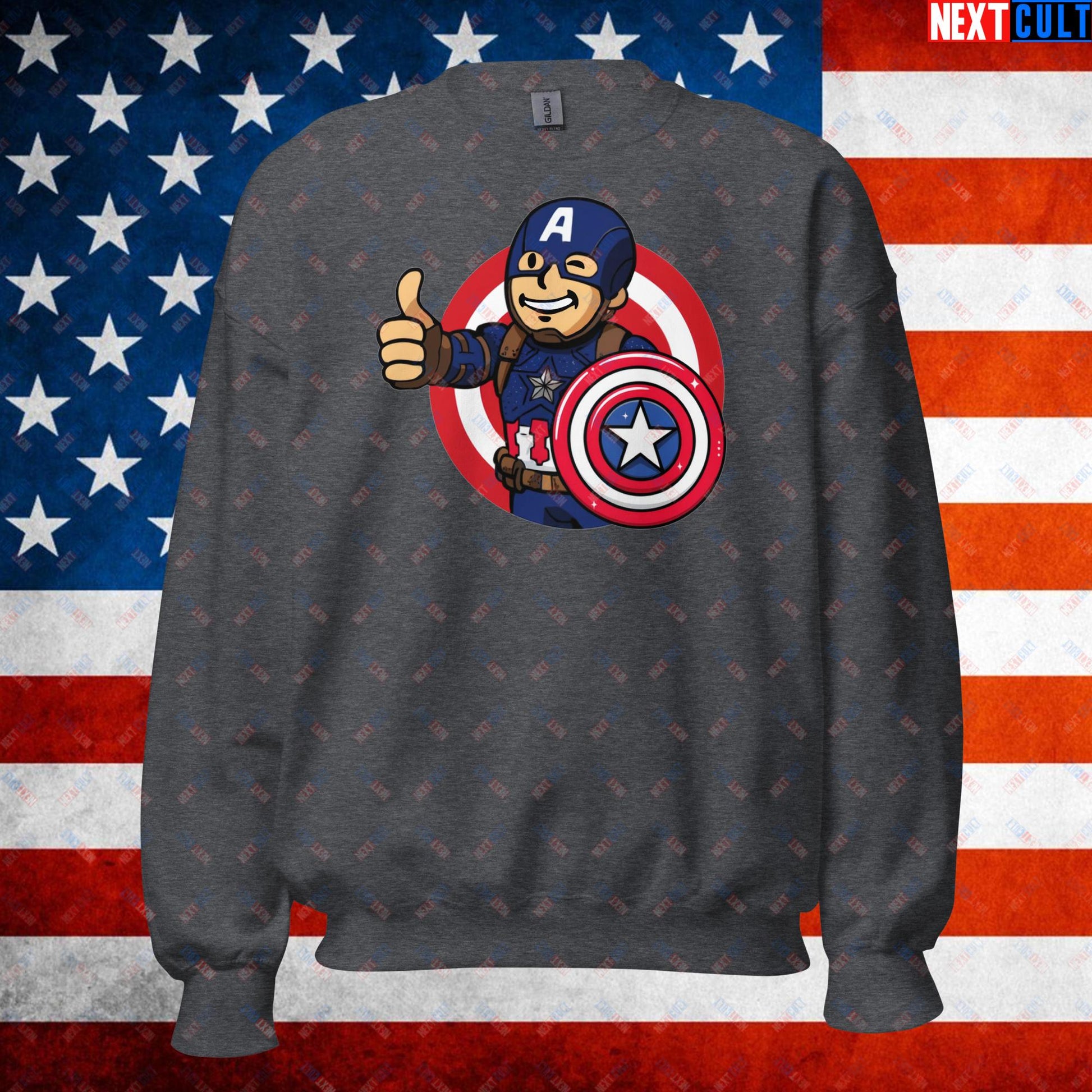 America Boy Captain America Vault Boy Fallout Funny Cartoon Mashup Unisex Sweatshirt Dark Heather Sweatshirts Captain America Chris Evans Movies Superheroes Next Cult Brand