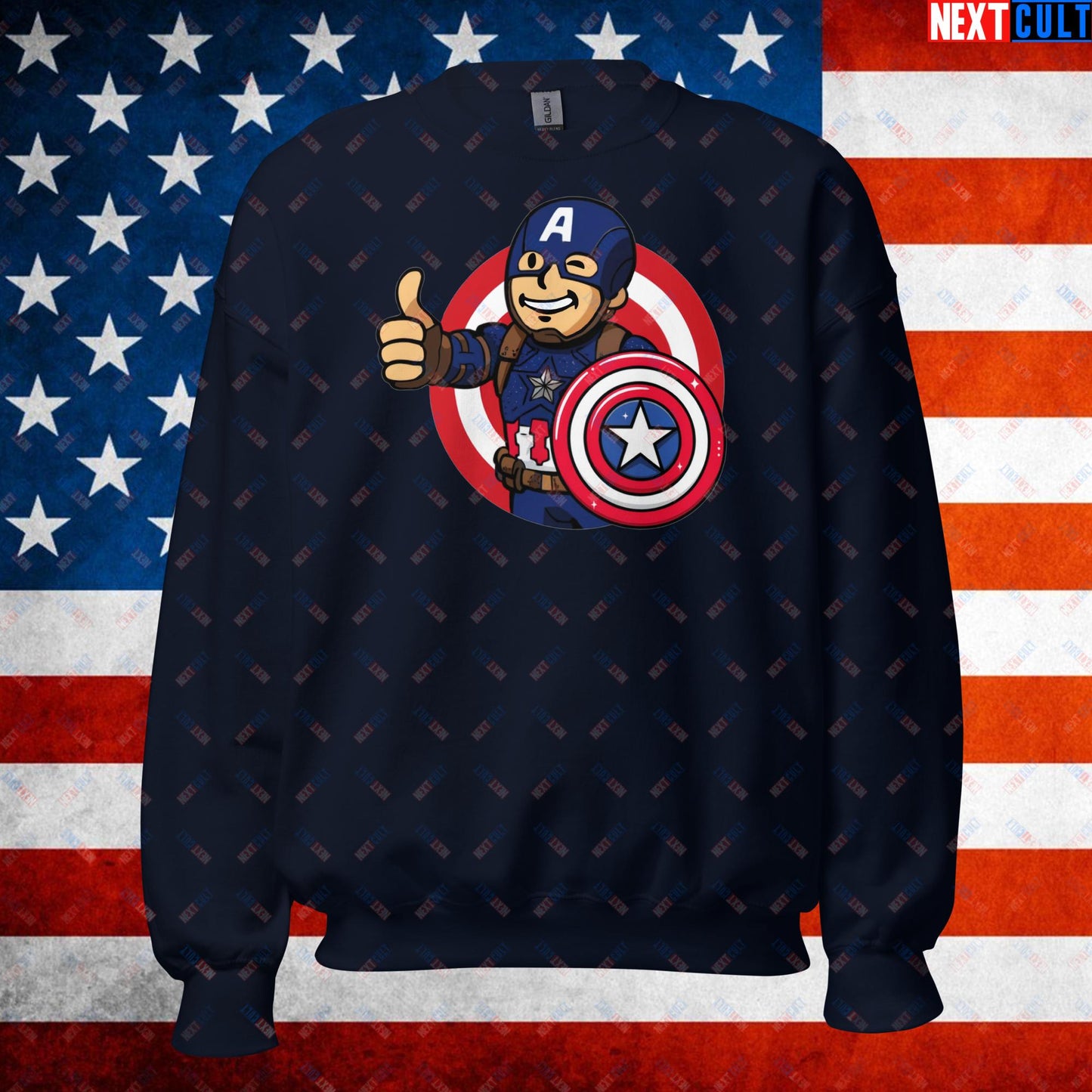 America Boy Captain America Vault Boy Fallout Funny Cartoon Mashup Unisex Sweatshirt Navy Sweatshirts Captain America Chris Evans Movies Superheroes Next Cult Brand