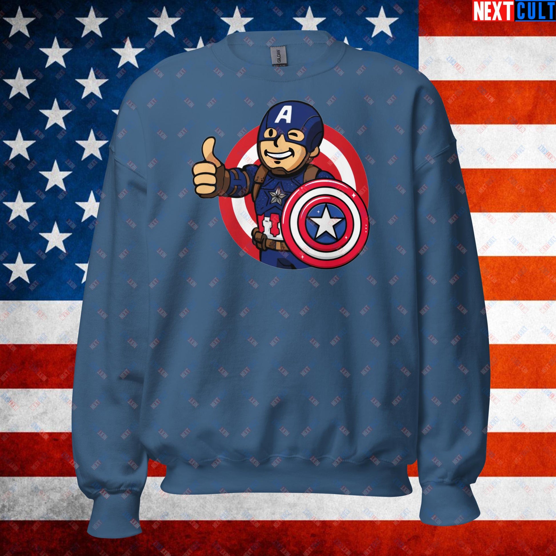 America Boy Captain America Vault Boy Fallout Funny Cartoon Mashup Unisex Sweatshirt Indigo Blue Sweatshirts Captain America Chris Evans Movies Superheroes Next Cult Brand