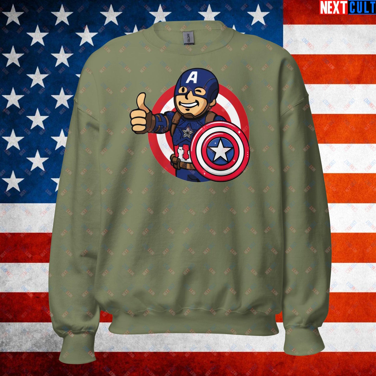 America Boy Captain America Vault Boy Fallout Funny Cartoon Mashup Unisex Sweatshirt Next Cult Brand