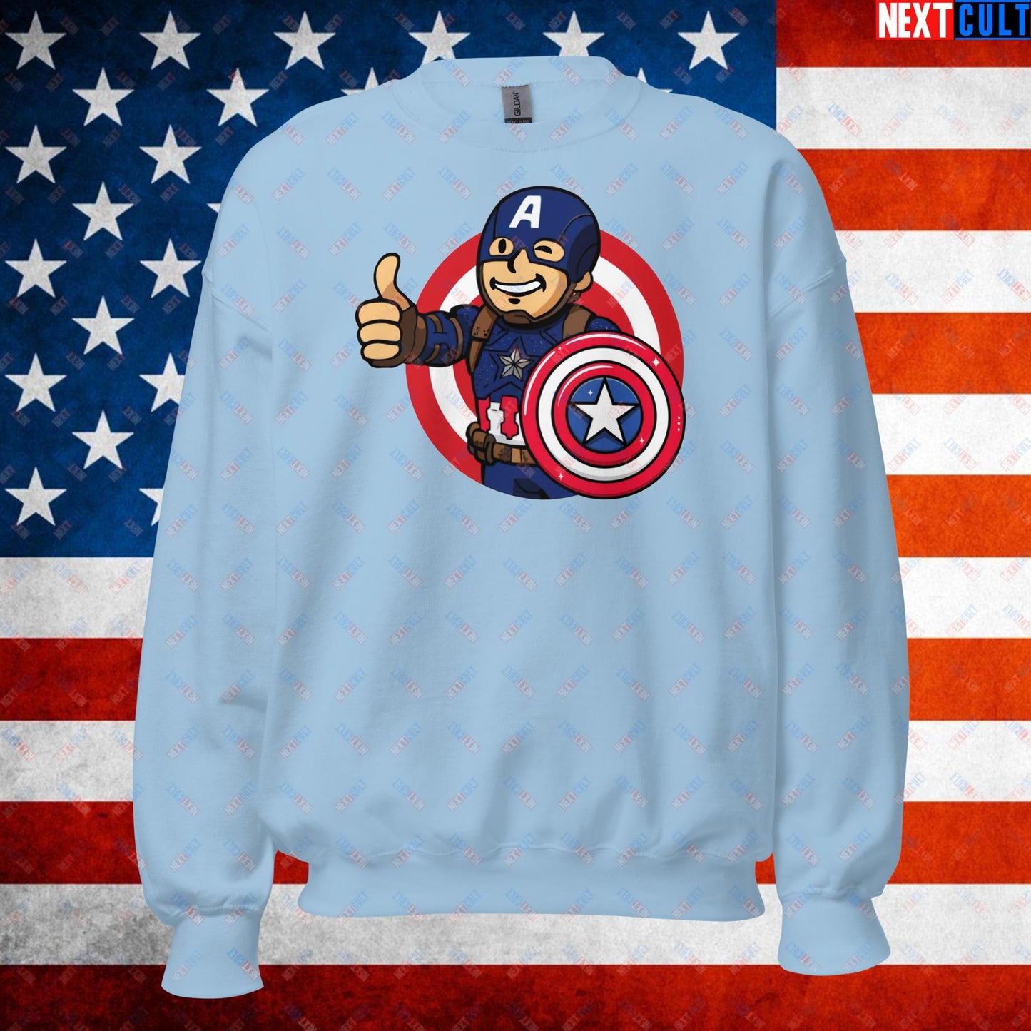 America Boy Captain America Vault Boy Fallout Funny Cartoon Mashup Unisex Sweatshirt Light Blue Sweatshirts Captain America Chris Evans Movies Superheroes Next Cult Brand