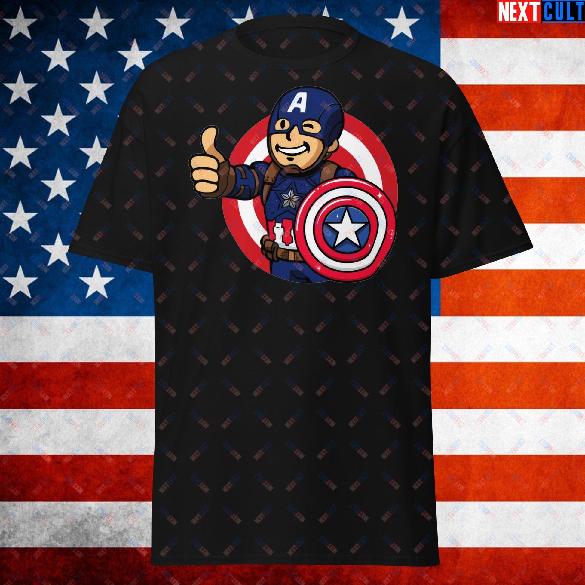 America Boy Captain America Vault Boy Fallout Funny Cartoon Mashup Unisex tee Black T-shirts Captain America Chris Evans Movies Superheroes Next Cult Brand