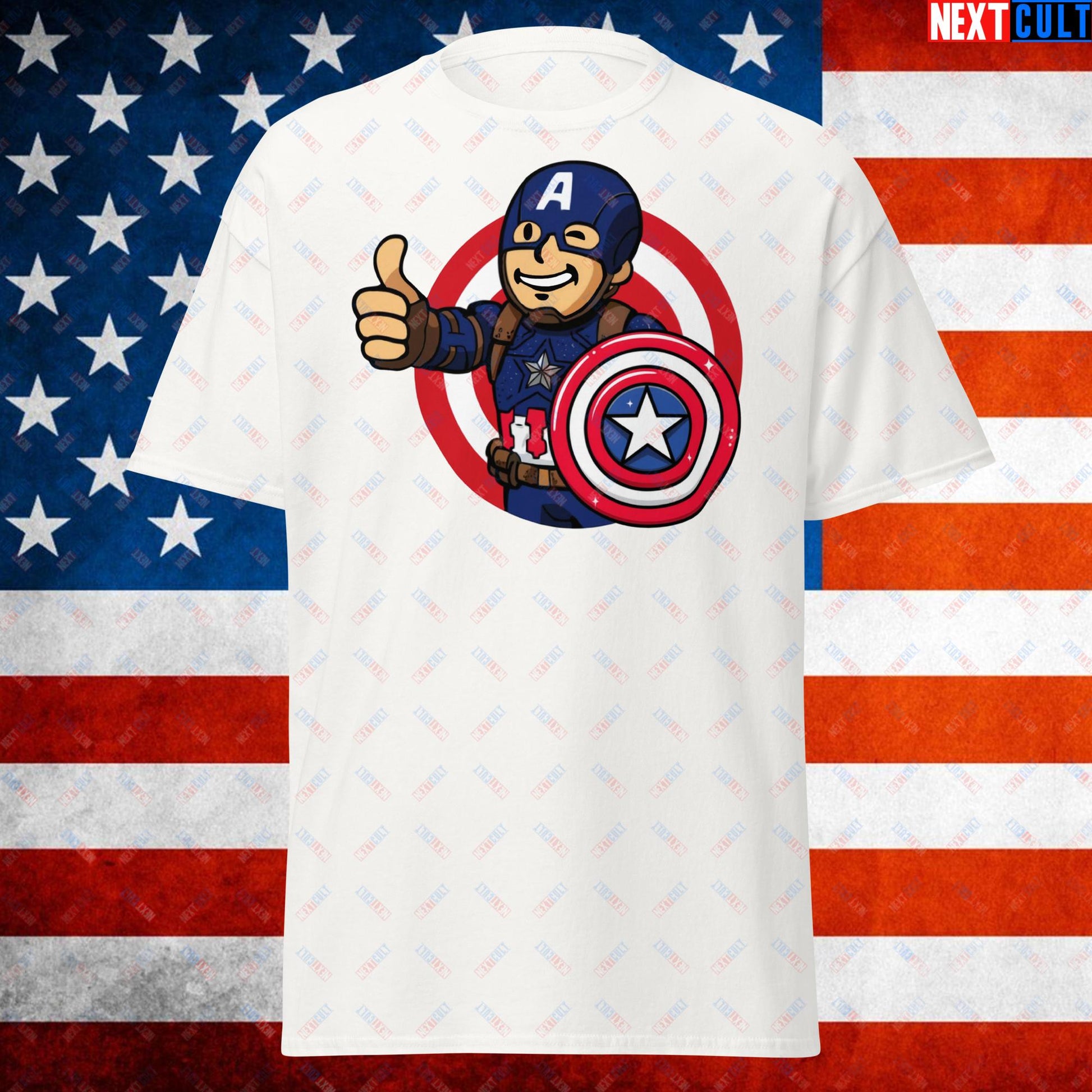 America Boy Captain America Vault Boy Fallout Funny Cartoon Mashup Unisex tee White T-shirts Captain America Chris Evans Movies Superheroes Next Cult Brand