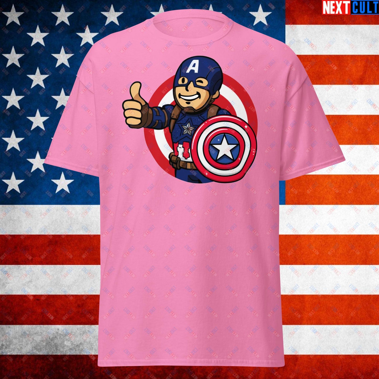 America Boy Captain America Vault Boy Fallout Funny Cartoon Mashup Unisex tee Azalea T-shirts Captain America Chris Evans Movies Superheroes Next Cult Brand