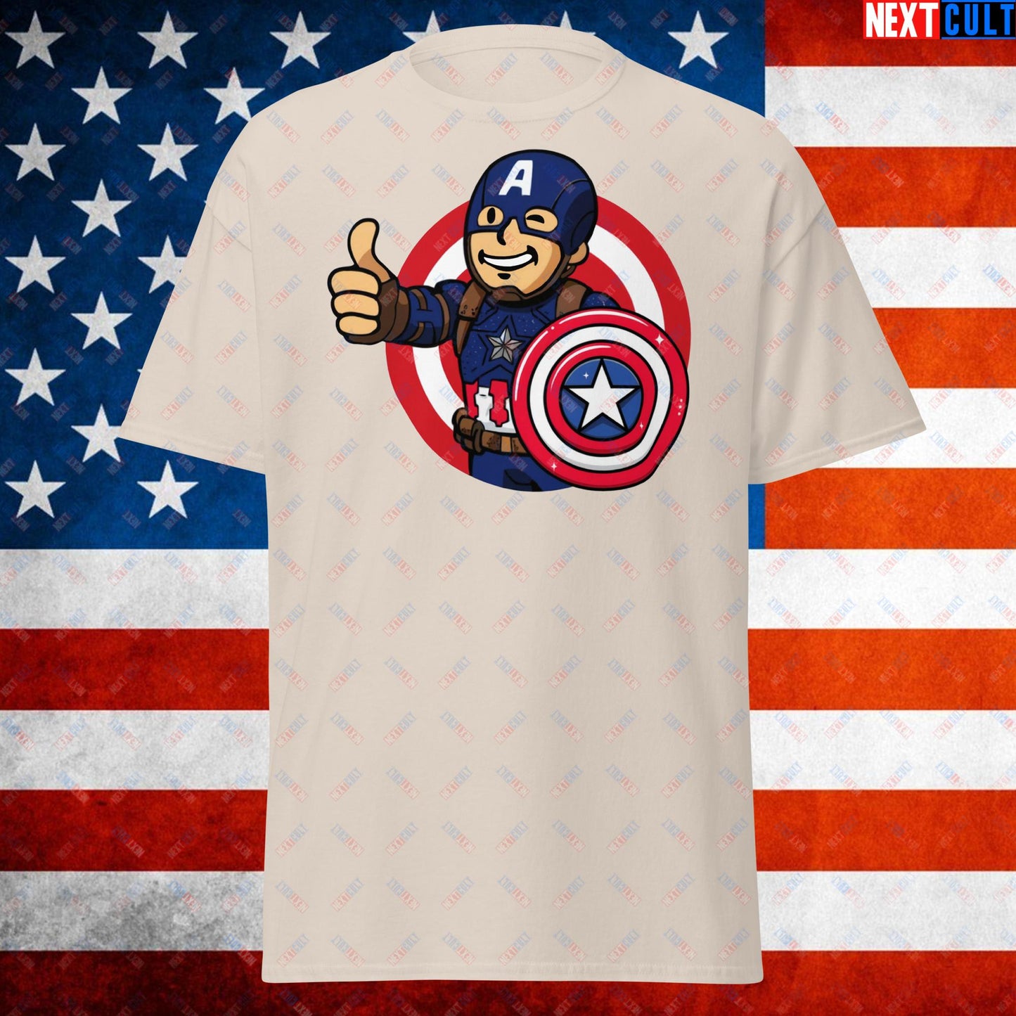 America Boy Captain America Vault Boy Fallout Funny Cartoon Mashup Unisex tee Natural T-shirts Captain America Chris Evans Movies Superheroes Next Cult Brand