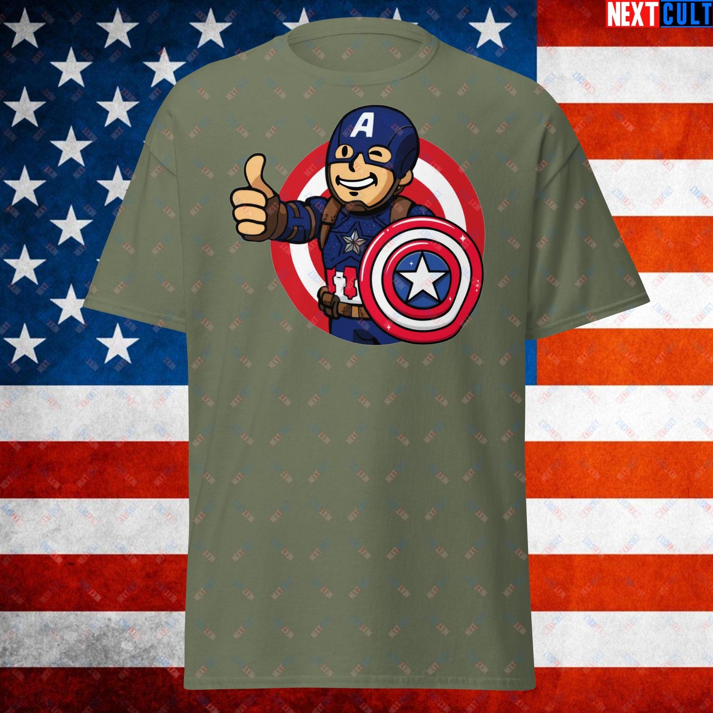 America Boy Captain America Vault Boy Fallout Funny Cartoon Mashup Unisex tee Next Cult Brand