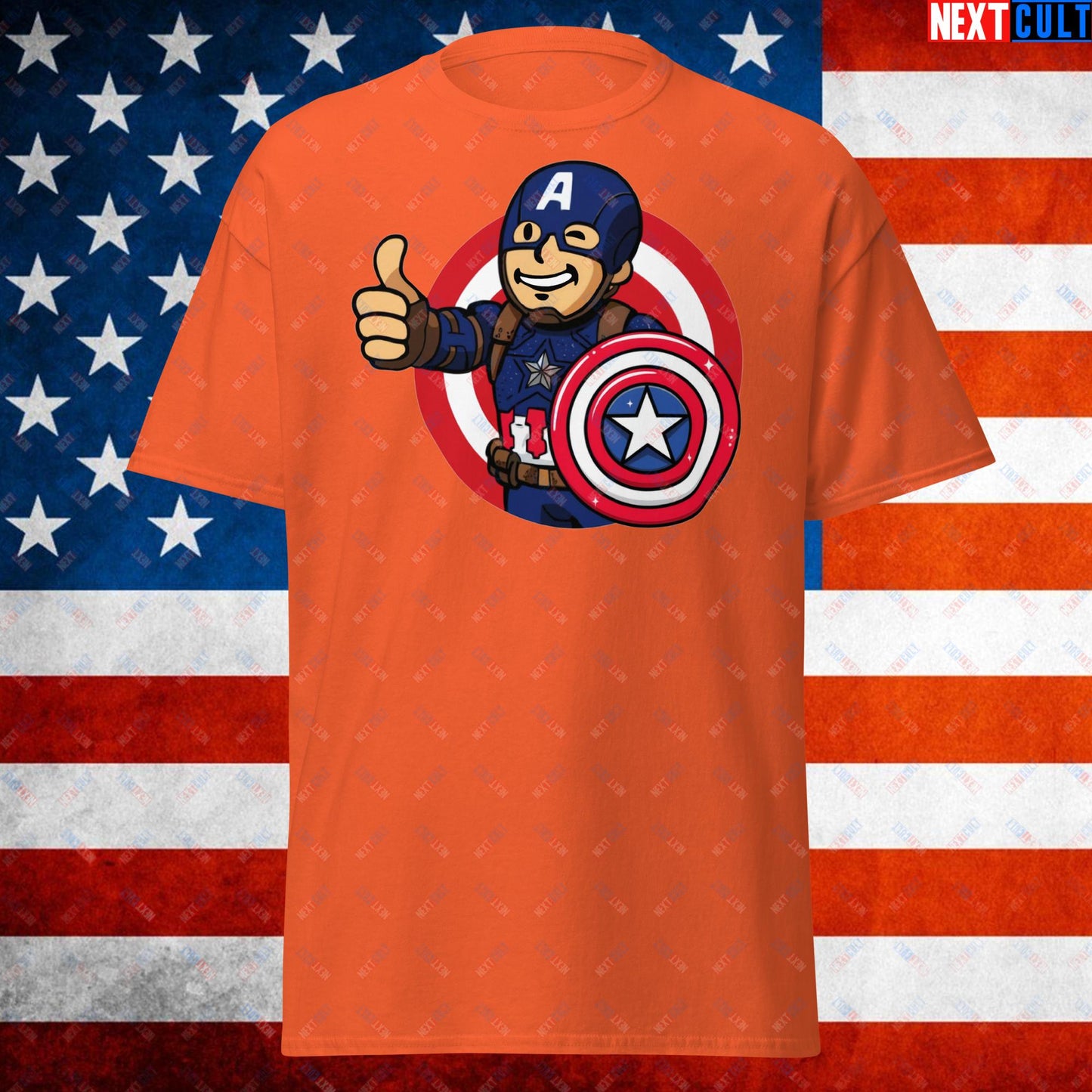 America Boy Captain America Vault Boy Fallout Funny Cartoon Mashup Unisex tee Next Cult Brand