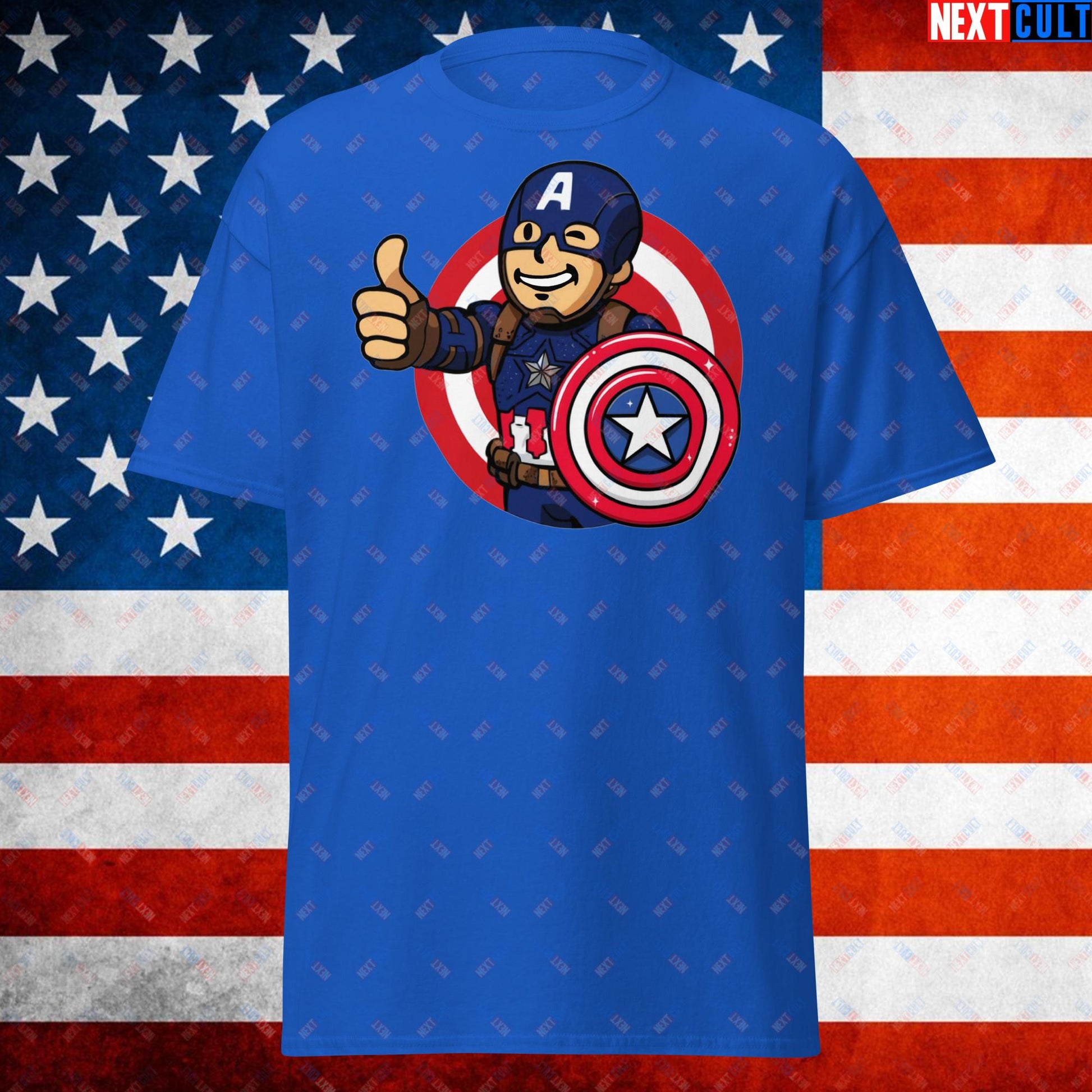 America Boy Captain America Vault Boy Fallout Funny Cartoon Mashup Unisex tee Royal T-shirts Captain America Chris Evans Movies Superheroes Next Cult Brand