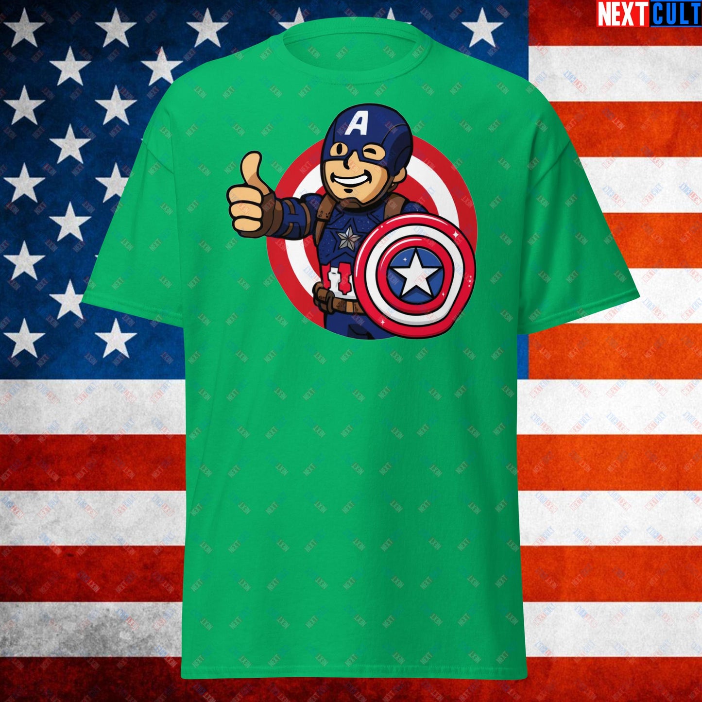 America Boy Captain America Vault Boy Fallout Funny Cartoon Mashup Unisex tee Next Cult Brand