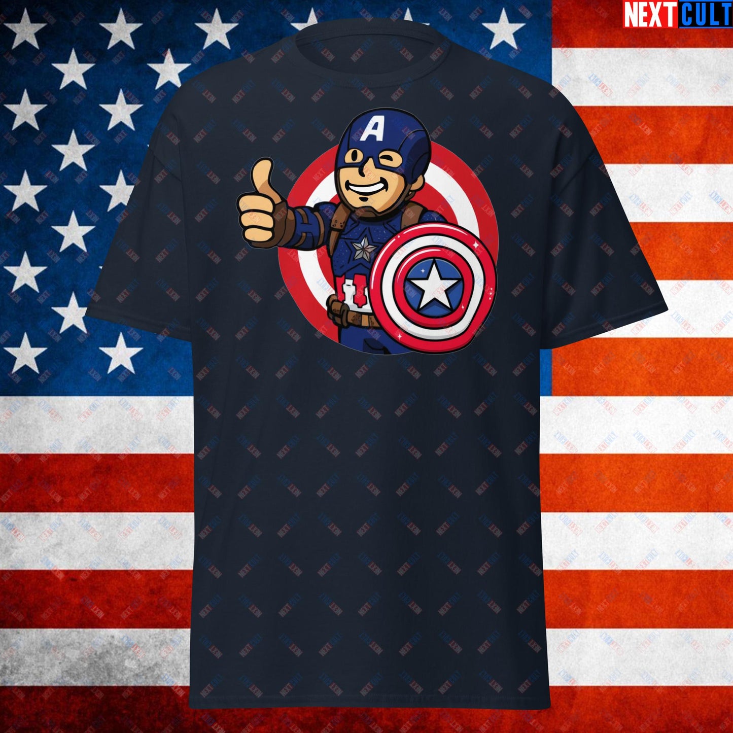 America Boy Captain America Vault Boy Fallout Funny Cartoon Mashup Unisex tee Navy T-shirts Captain America Chris Evans Movies Superheroes Next Cult Brand