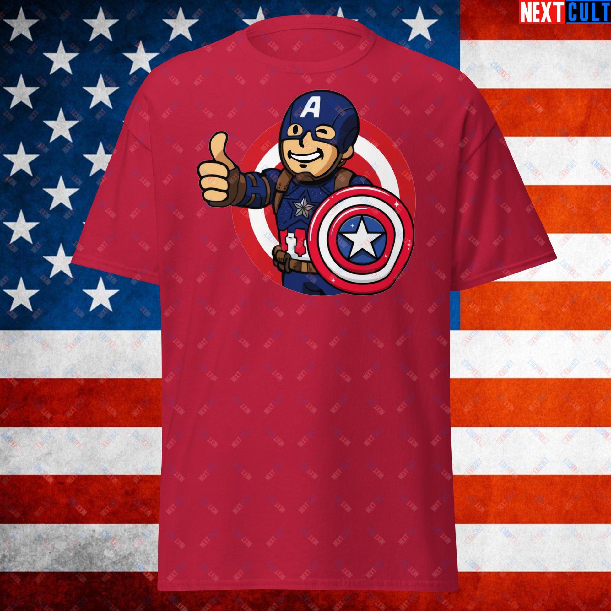 America Boy Captain America Vault Boy Fallout Funny Cartoon Mashup Unisex tee Cardinal T-shirts Captain America Chris Evans Movies Superheroes Next Cult Brand