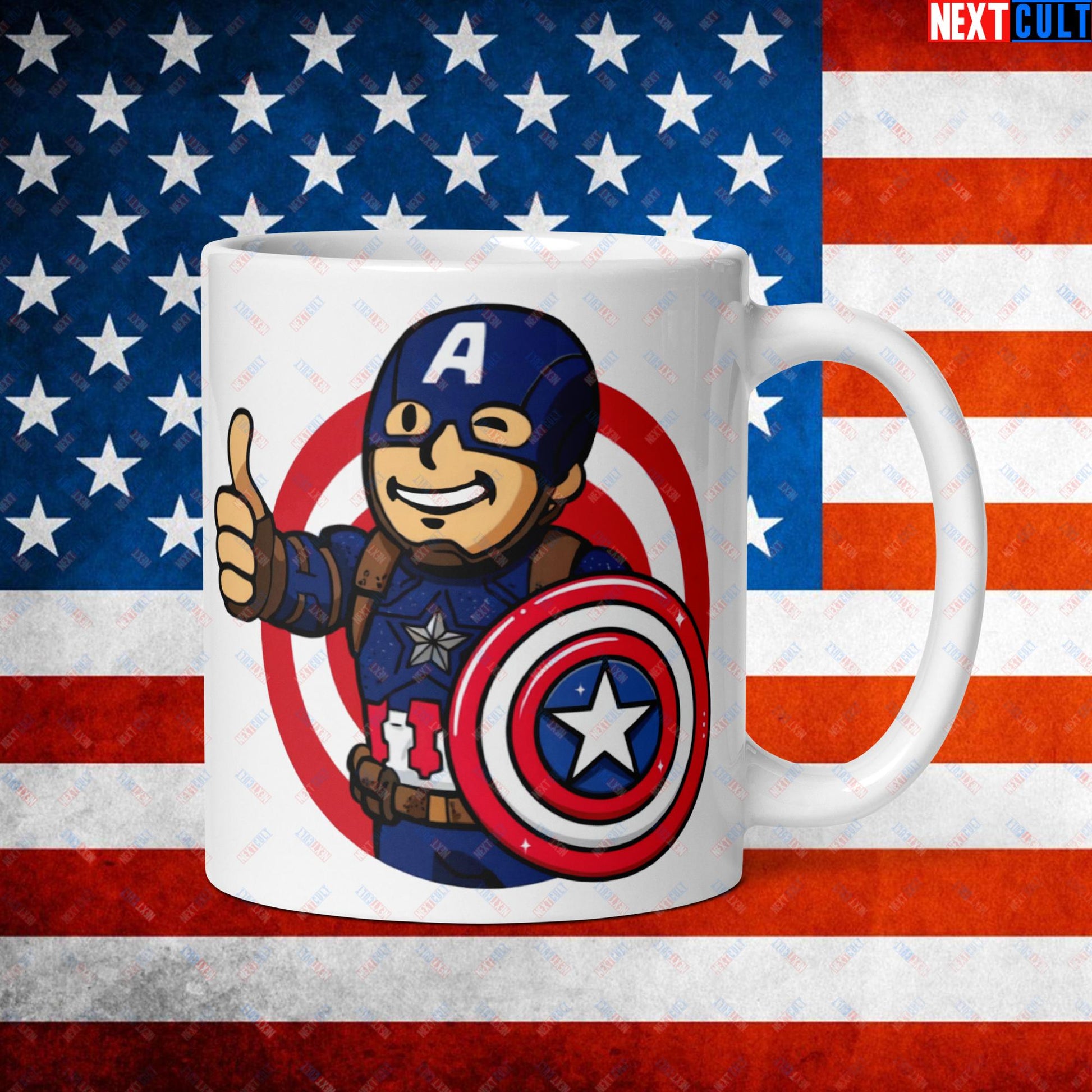 America Boy Captain America Vault Boy Fallout Funny Cartoon Mashup White glossy mug Next Cult Brand