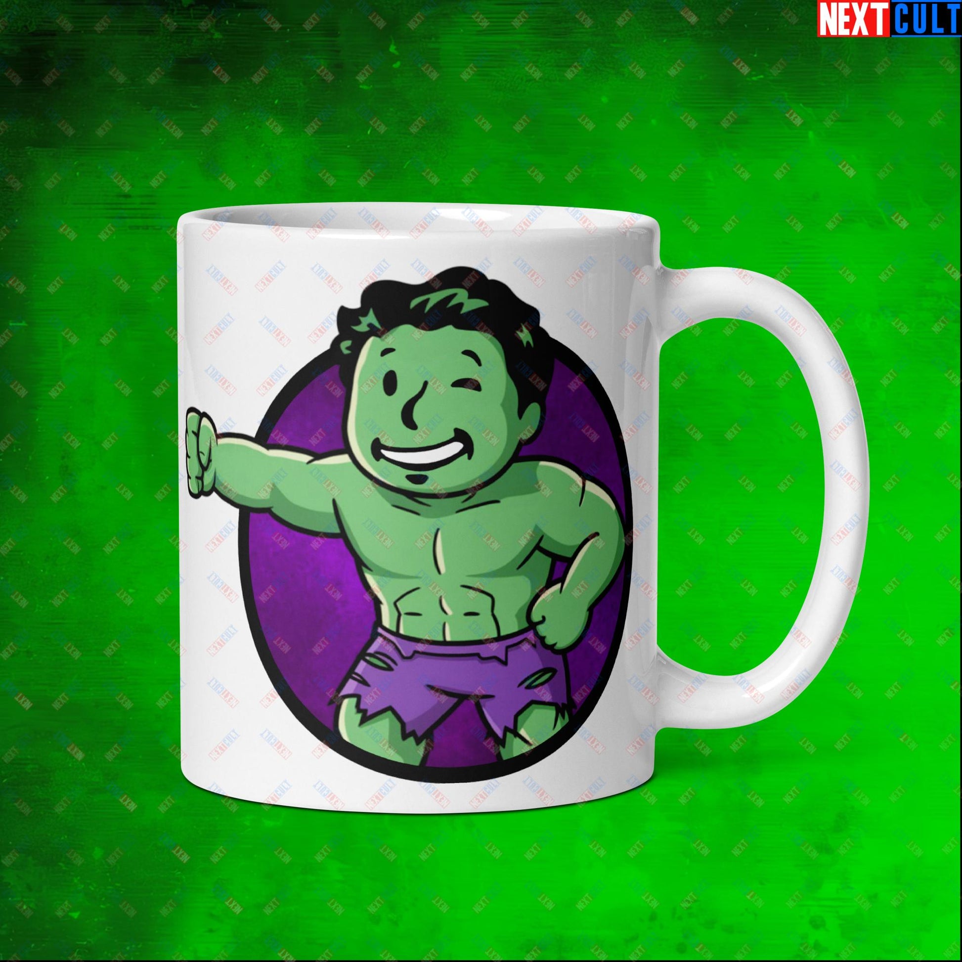 Angry Boy Hulk Vault Boy Fallout Funny Meme Cartoon Mashup White glossy mug Next Cult Brand