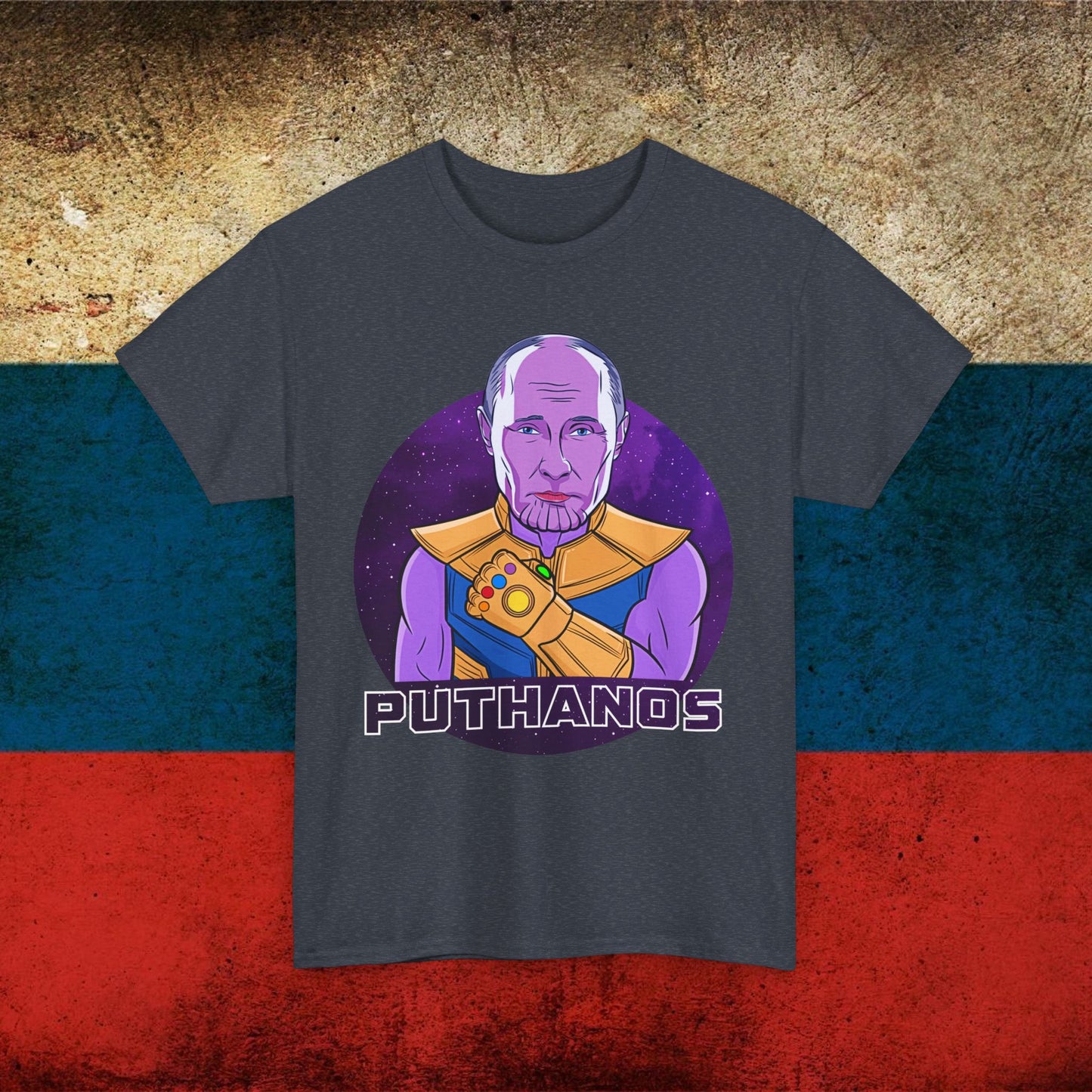 Anti Vladimir Putin Thanos Unisex Heavy Cotton Tee Heather Navy T-shirts Politics Vladimir Putin Printify