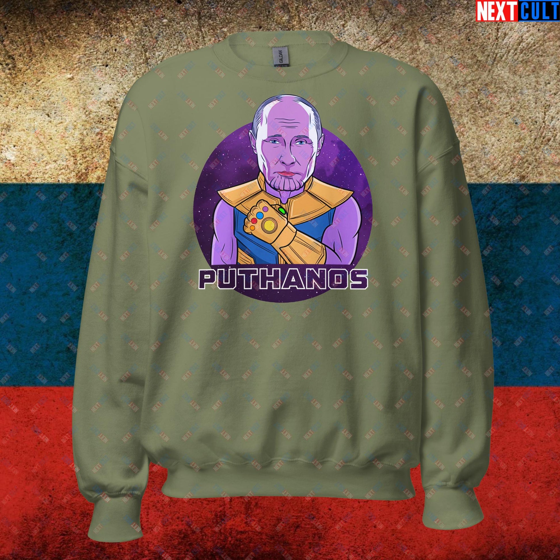 Anti Vladimir Putin Thanos Unisex Sweatshirt Military Green Sweatshirts Politics Vladimir Putin Next Cult Brand