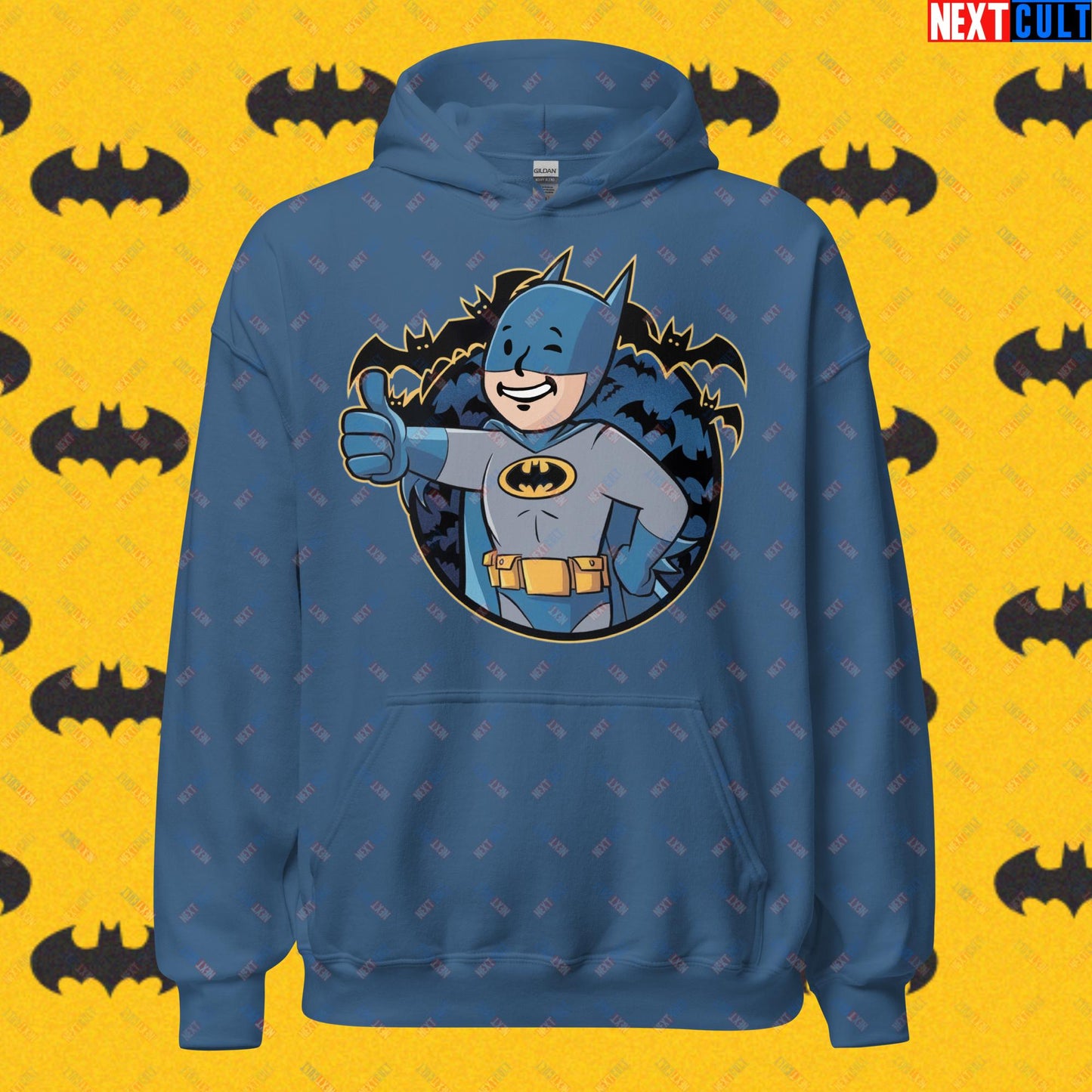 Bat Boy Batman Vault Boy Fallout Funny Cartoon Mashup Unisex Hoodie Indigo Blue Hoodies Batman Christian Bale Fallout Movies Superheroes Vault Boy Next Cult Brand