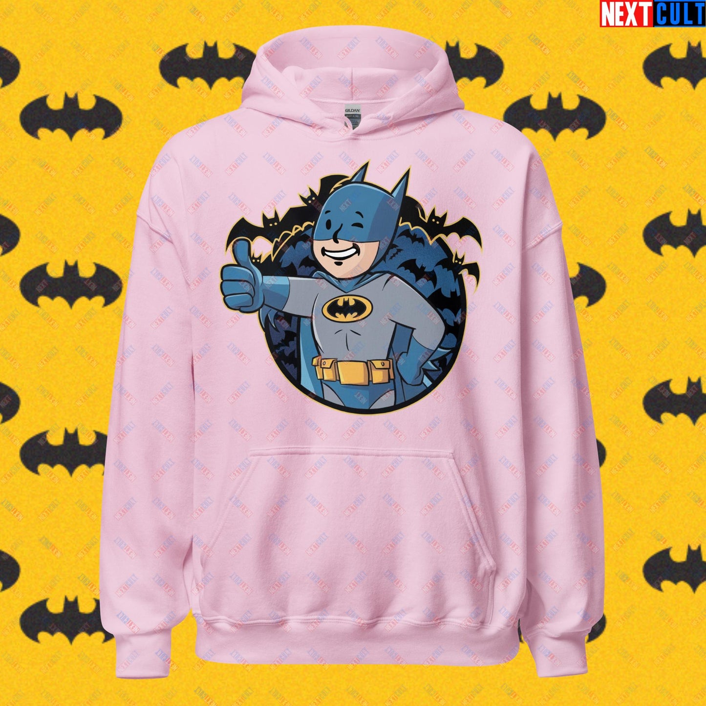 Bat Boy Batman Vault Boy Fallout Funny Cartoon Mashup Unisex Hoodie Light Pink Hoodies Batman Christian Bale Fallout Movies Superheroes Vault Boy Next Cult Brand