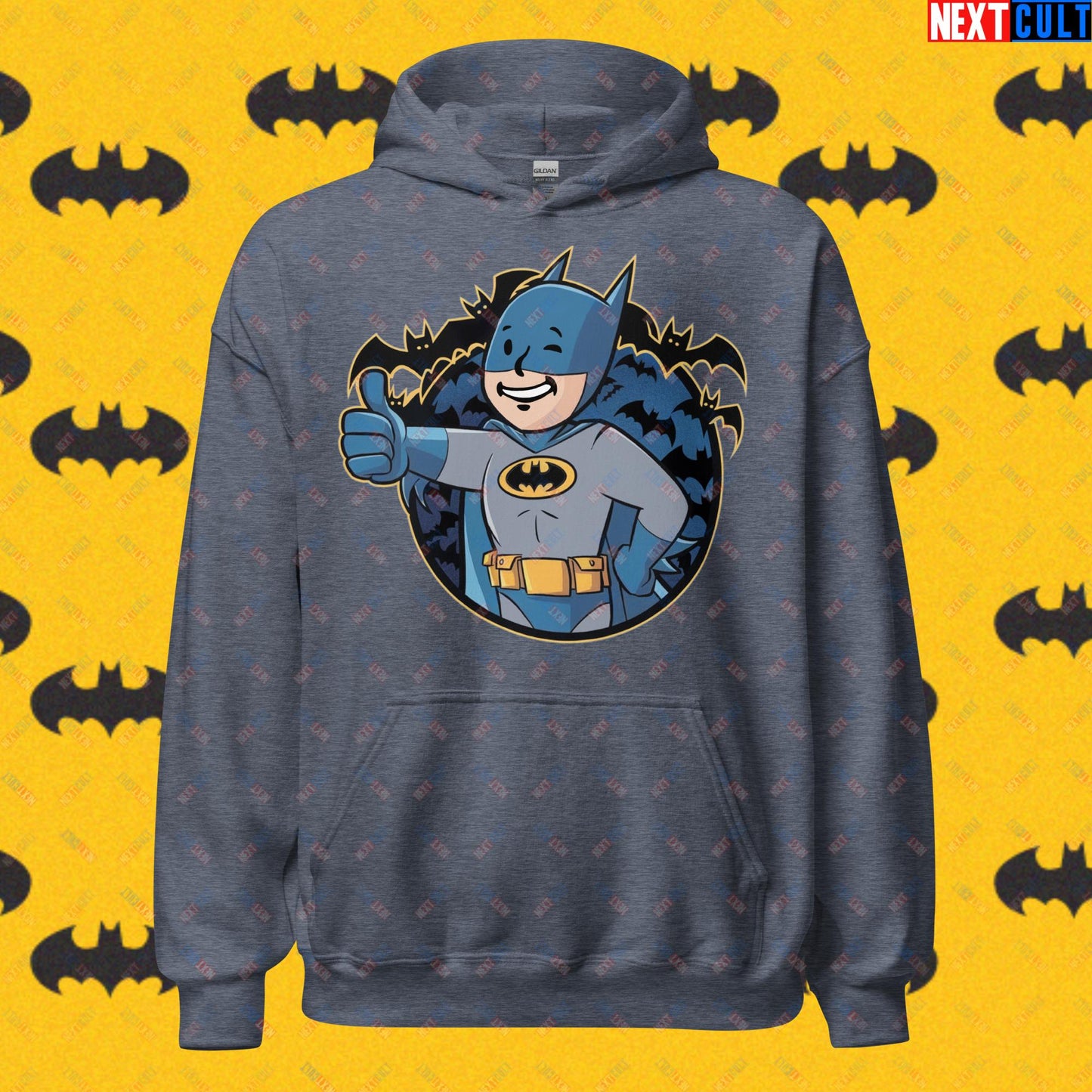 Bat Boy Batman Vault Boy Fallout Funny Cartoon Mashup Unisex Hoodie Heather Sport Dark Navy Hoodies Batman Christian Bale Fallout Movies Superheroes Vault Boy Next Cult Brand