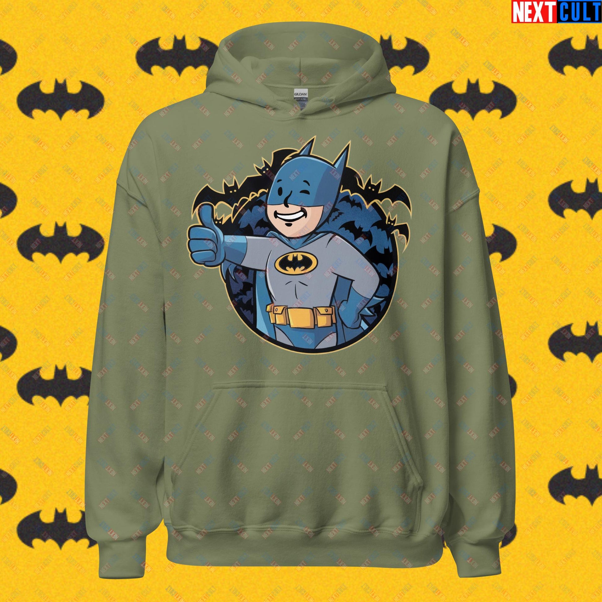 Bat Boy Batman Vault Boy Fallout Funny Cartoon Mashup Unisex Hoodie Military Green Hoodies Batman Christian Bale Fallout Movies Superheroes Vault Boy Next Cult Brand