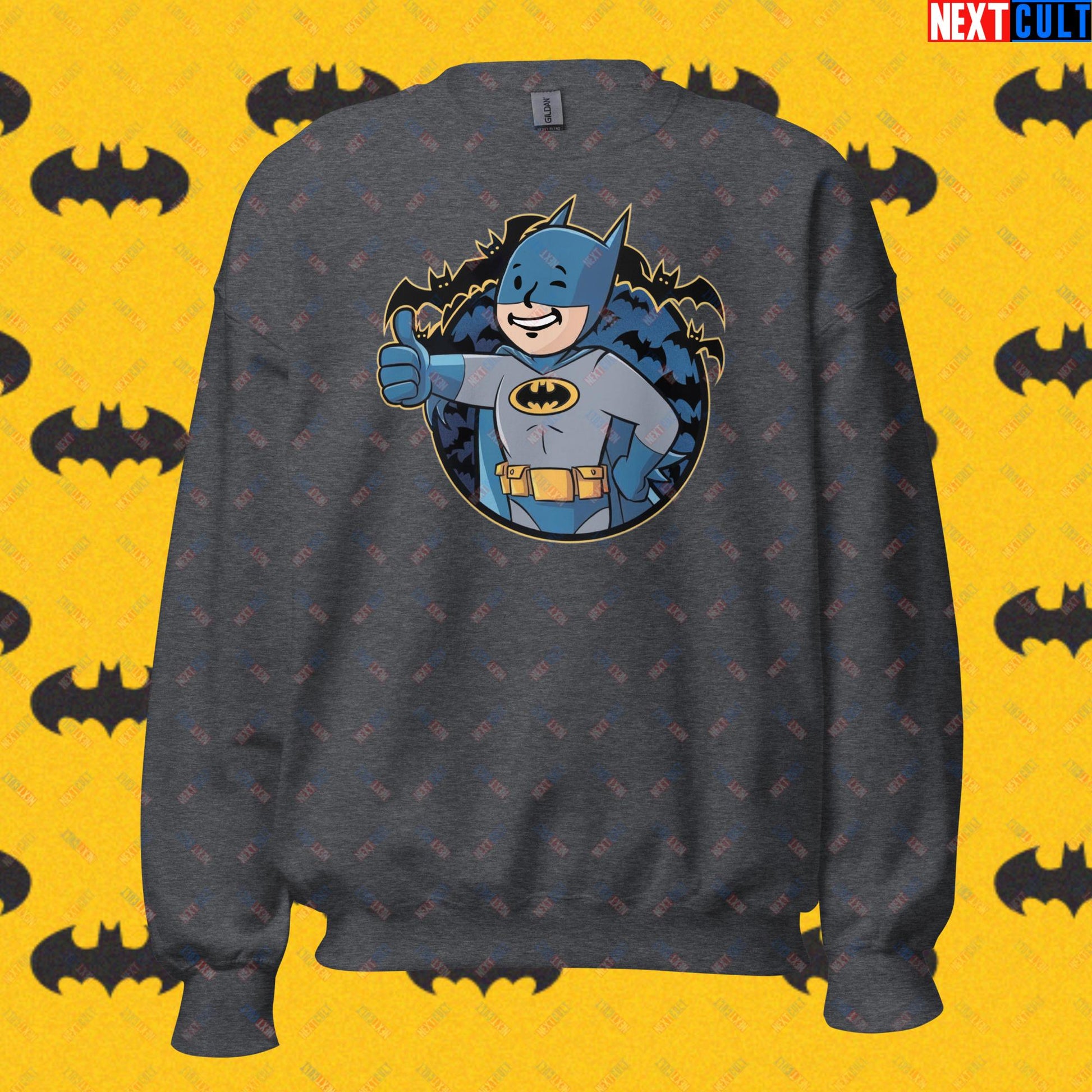 Bat Boy Batman Vault Boy Fallout Funny Cartoon Mashup Unisex Sweatshirt Dark Heather Sweatshirts Batman Christian Bale Fallout Movies Superheroes Vault Boy Next Cult Brand