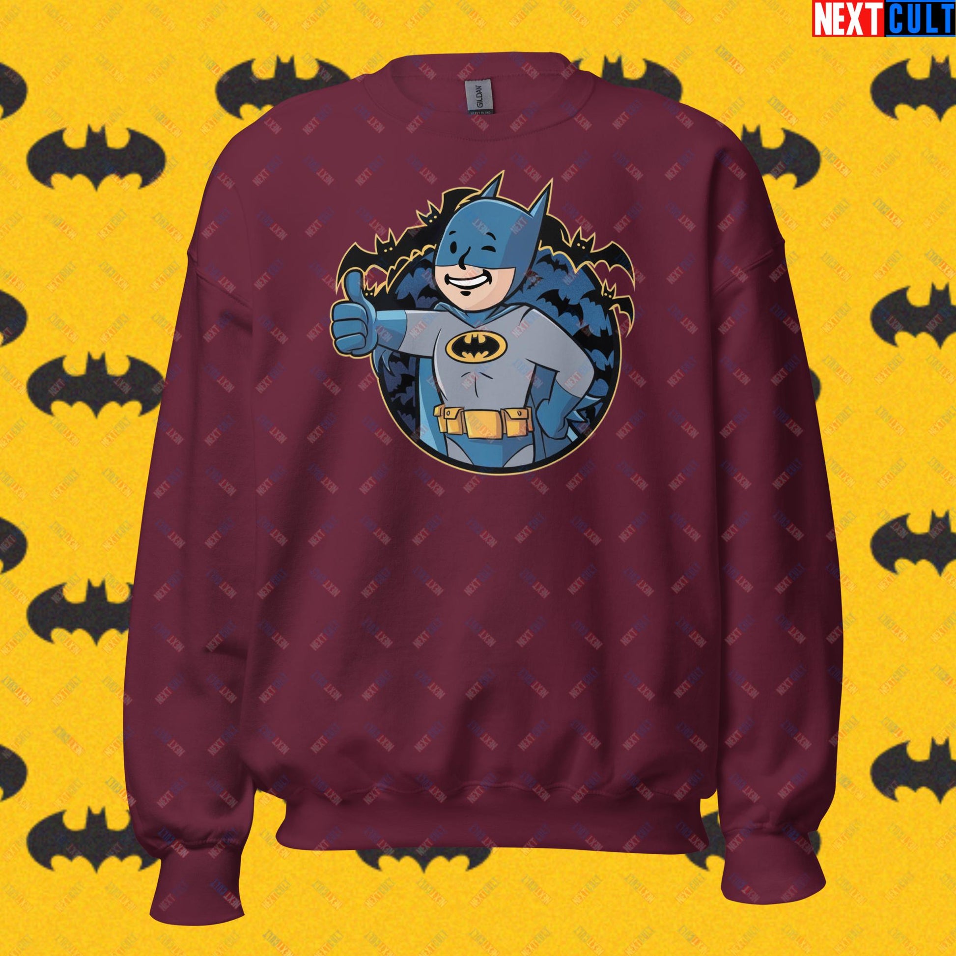 Bat Boy Batman Vault Boy Fallout Funny Cartoon Mashup Unisex Sweatshirt Maroon Sweatshirts Batman Christian Bale Fallout Movies Superheroes Vault Boy Next Cult Brand