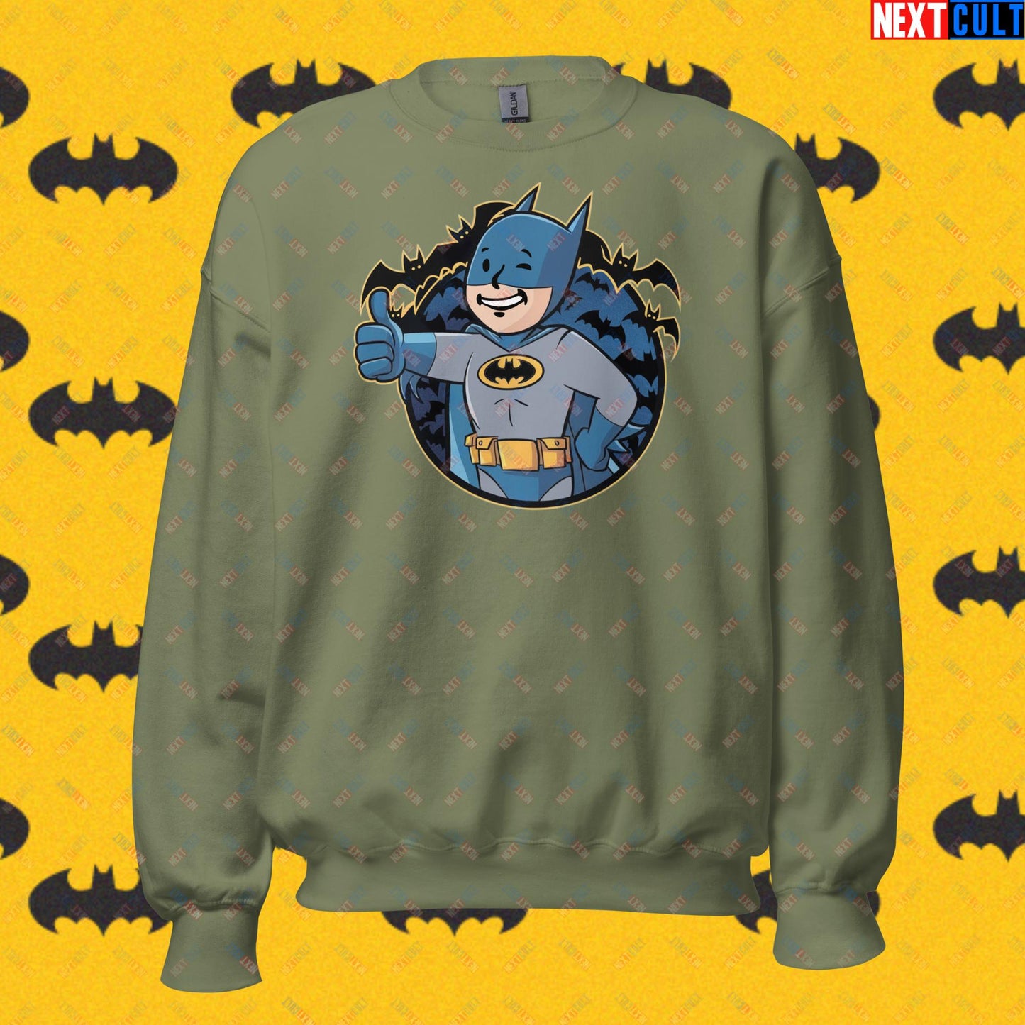 Bat Boy Batman Vault Boy Fallout Funny Cartoon Mashup Unisex Sweatshirt Military Green Sweatshirts Batman Christian Bale Fallout Movies Superheroes Vault Boy Next Cult Brand